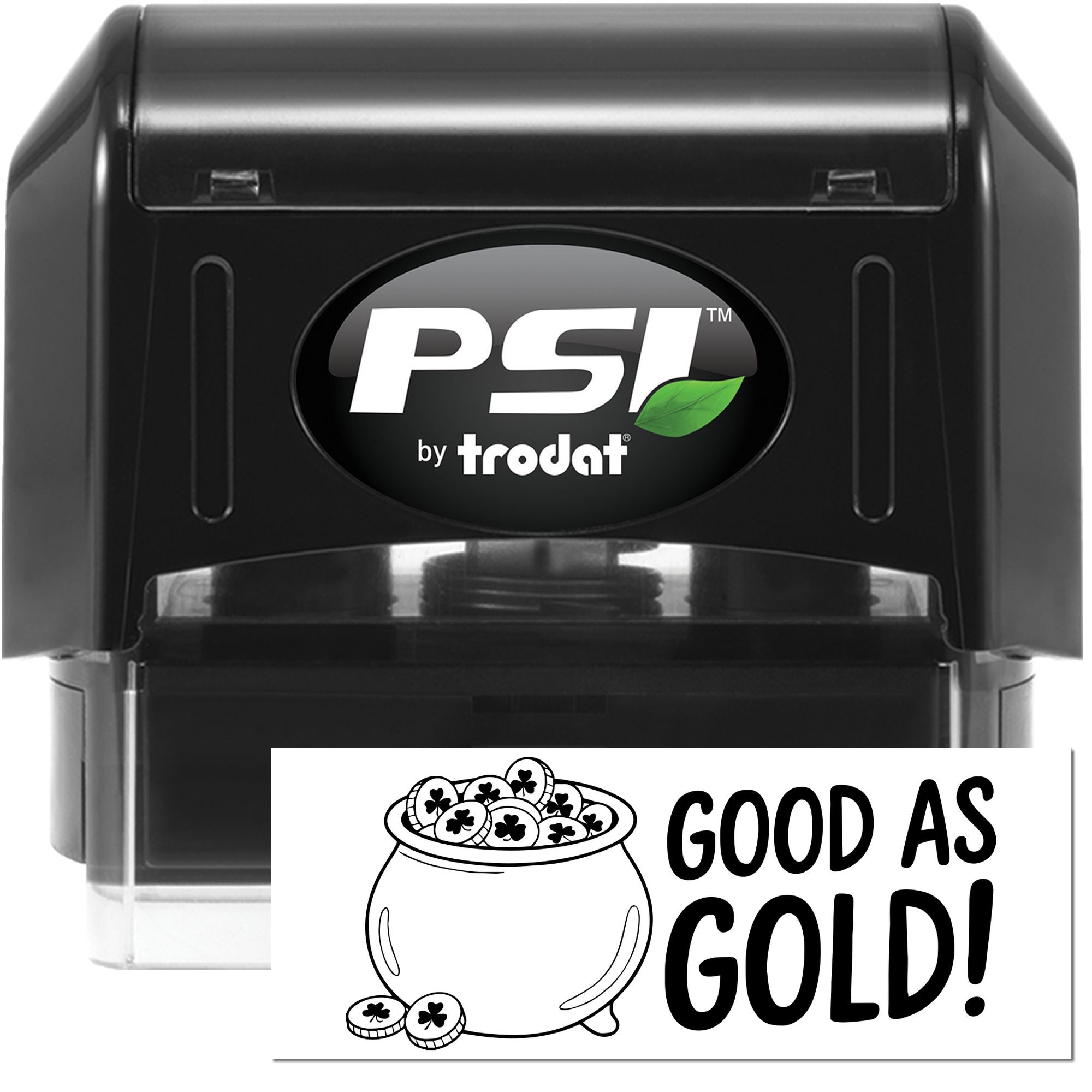 Custom self-inking rubber stamp with Good as Gold! pot of gold design for rewards, promotions, and classroom use.