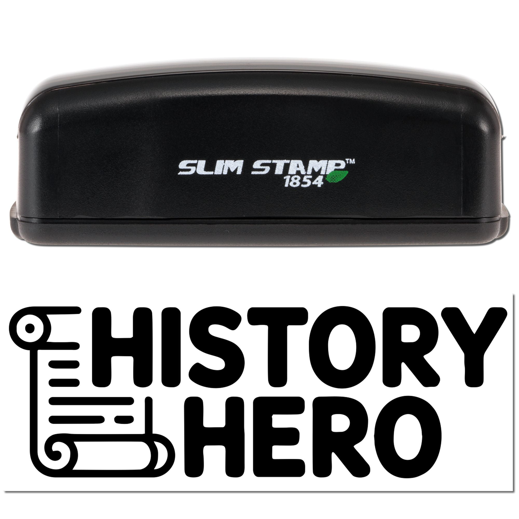 Slim Stamp 1854 black self-inking rubber stamp with History Hero logo, ideal for custom branding and educational use.