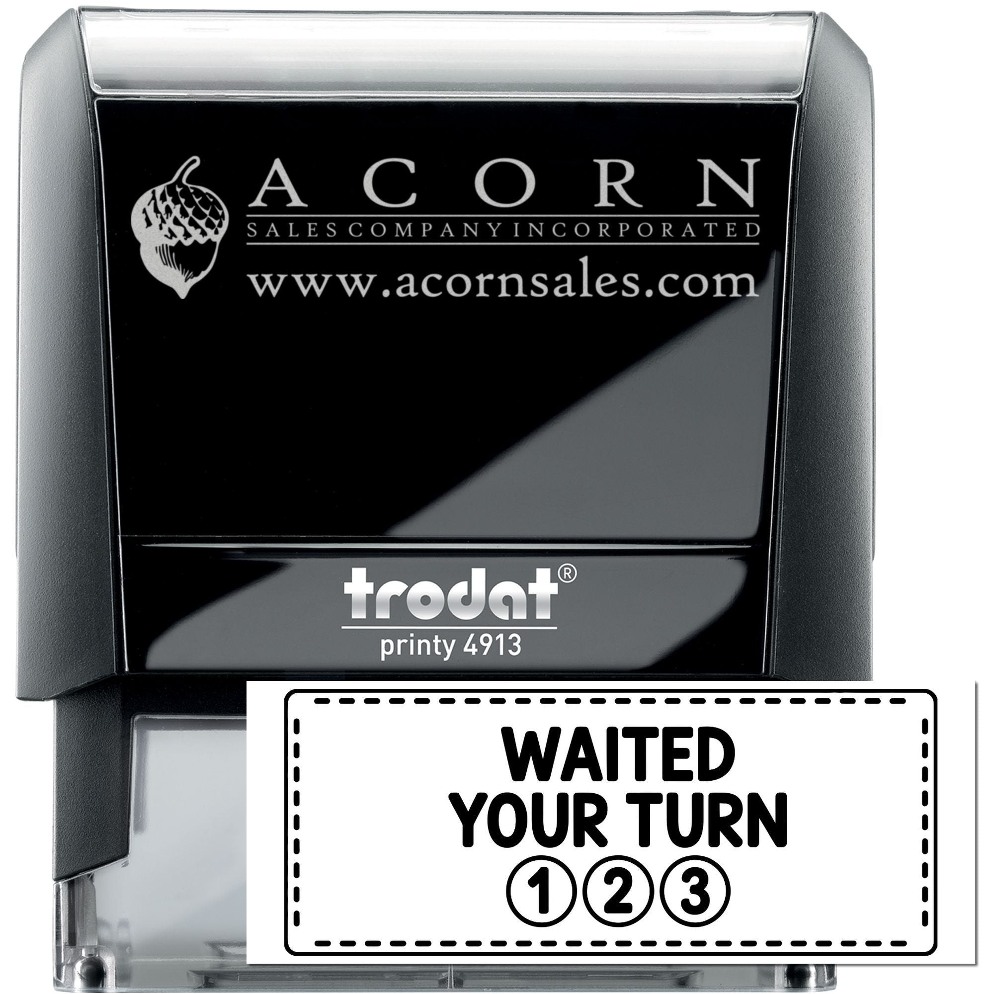 Custom self-inking rubber stamp, Trodat Printy 4913, with company logo and website for branded business use.