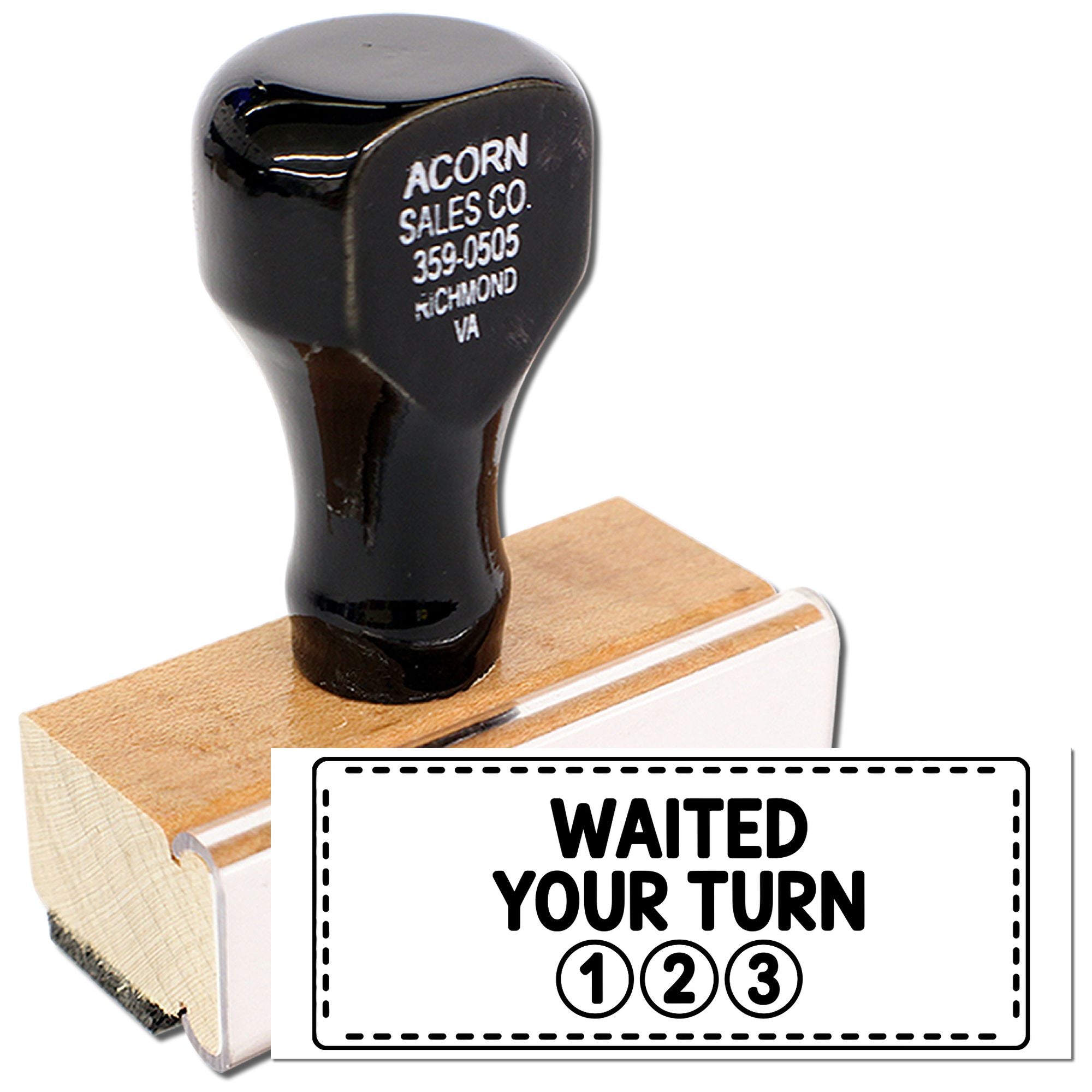 Custom rubber stamp with Waited Your Turn 123 design for classroom behavior rewards and stamps.