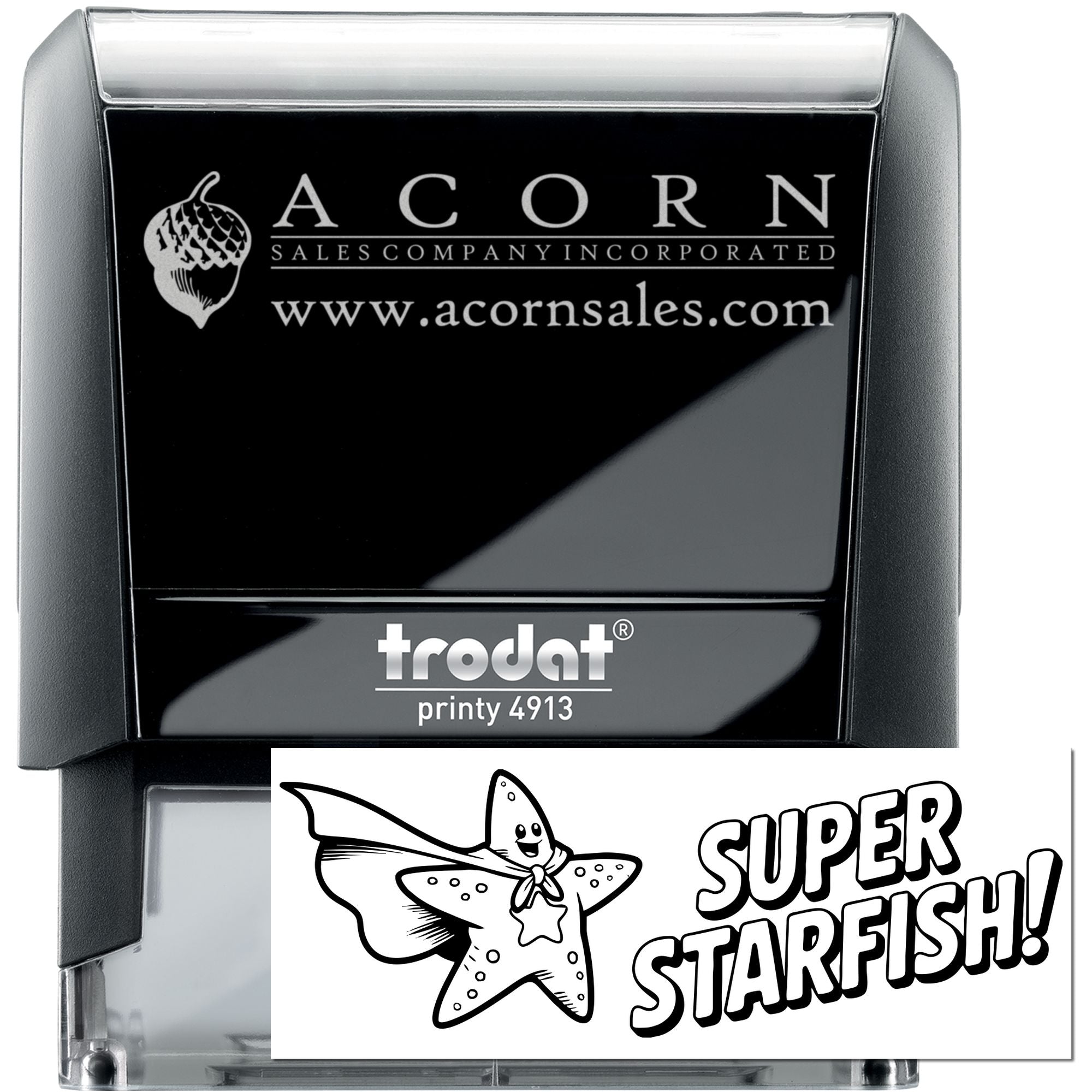 Custom self-inking rubber stamp examples: Trodat Printy 4913 with Acorn Sales Company logo and Super Starfish design