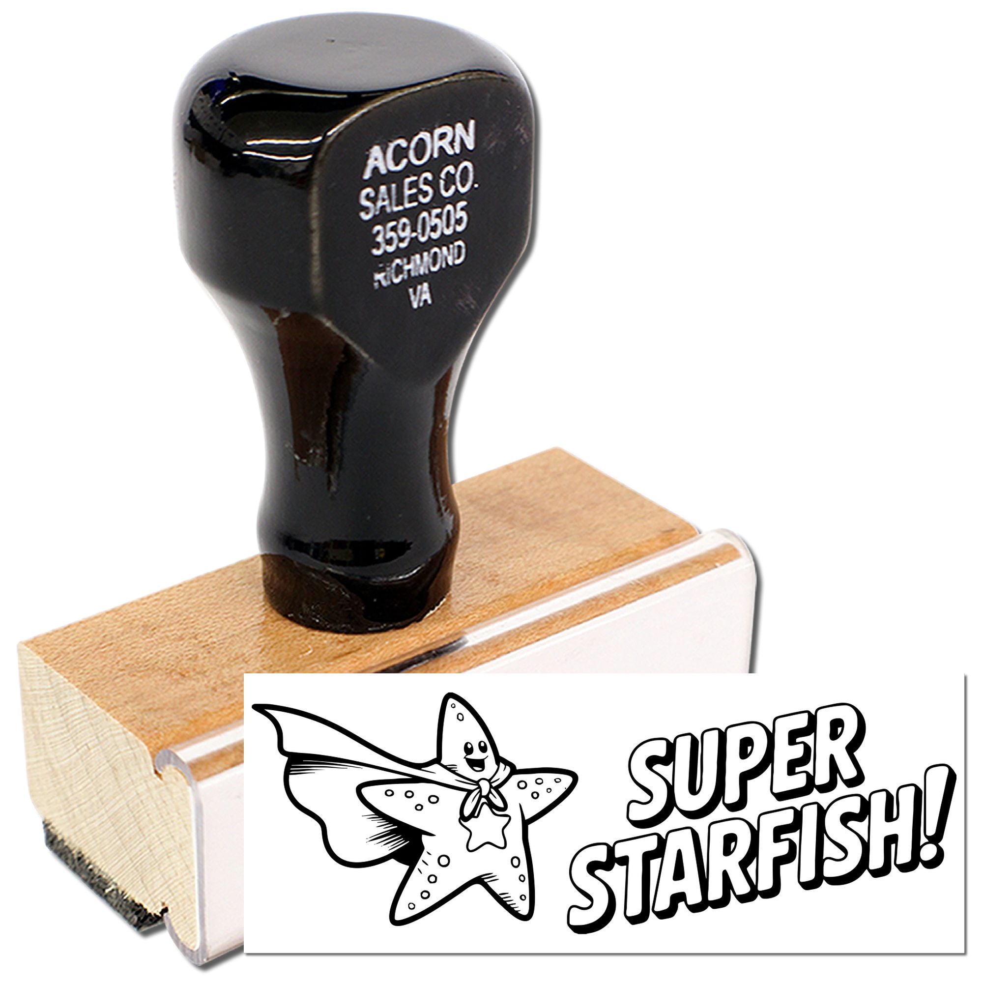 Custom rubber stamp with starfish design and Super Starfish! imprint for branding, craft projects, and business use.