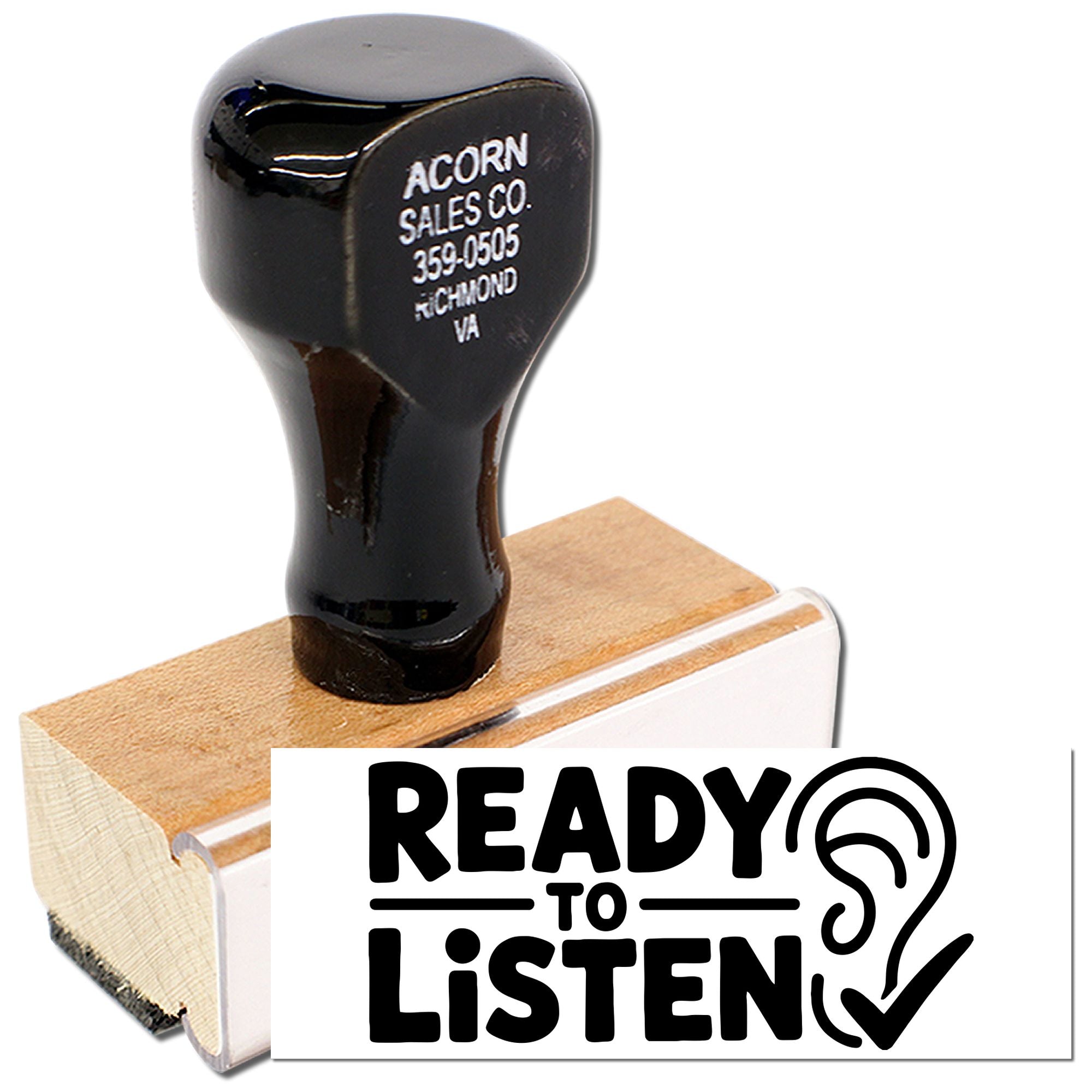 Custom rubber stamp with wooden handle, featuring a Ready to Listen design for business branding and promotions.