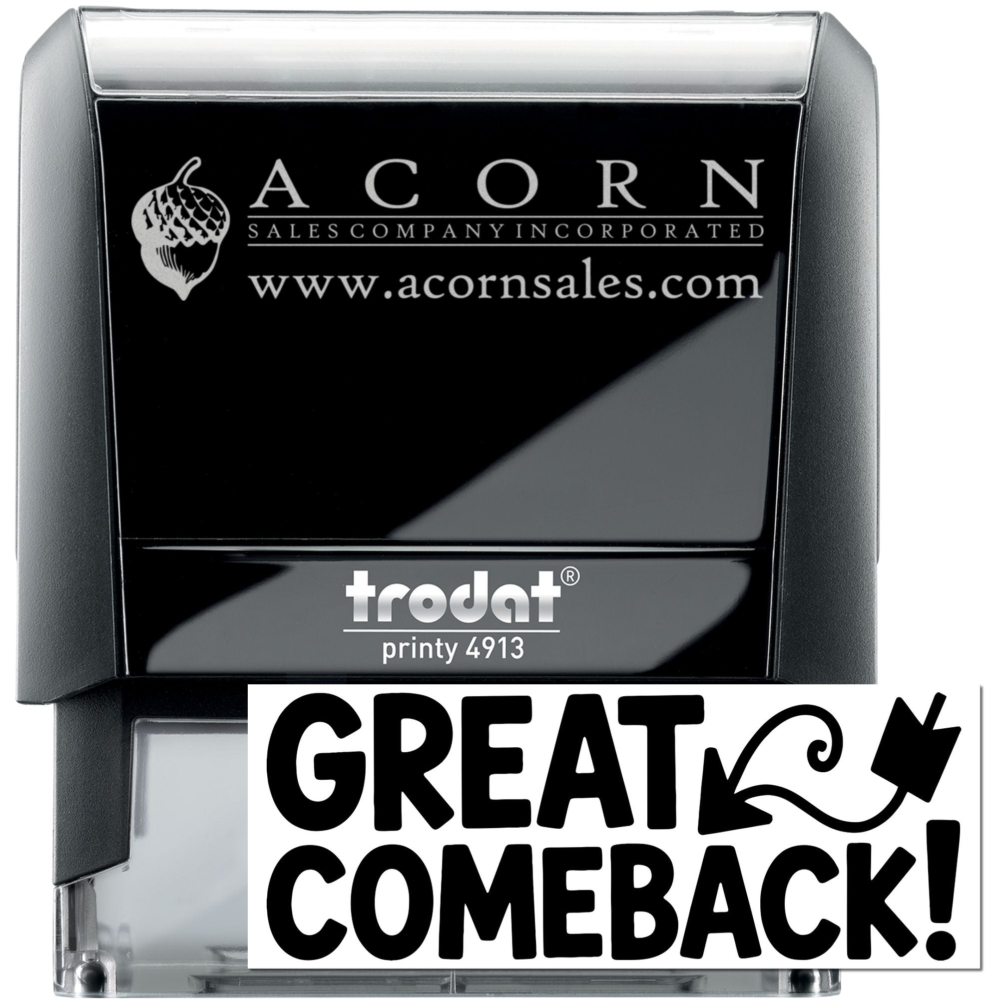 Custom Trodat Printy 4913 rubber stamp for Acorn Sales Company, showing Great Comeback! imprint and website.