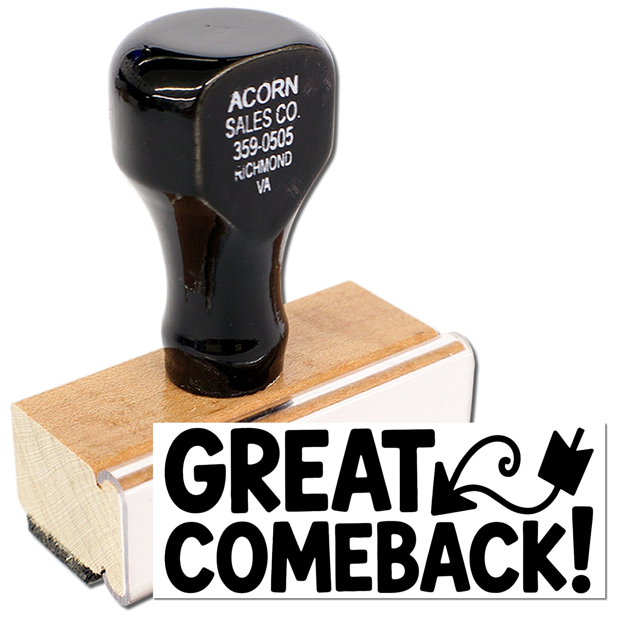 Great Comeback! wooden rubber stamp for crafting, office use, and motivational business messaging.