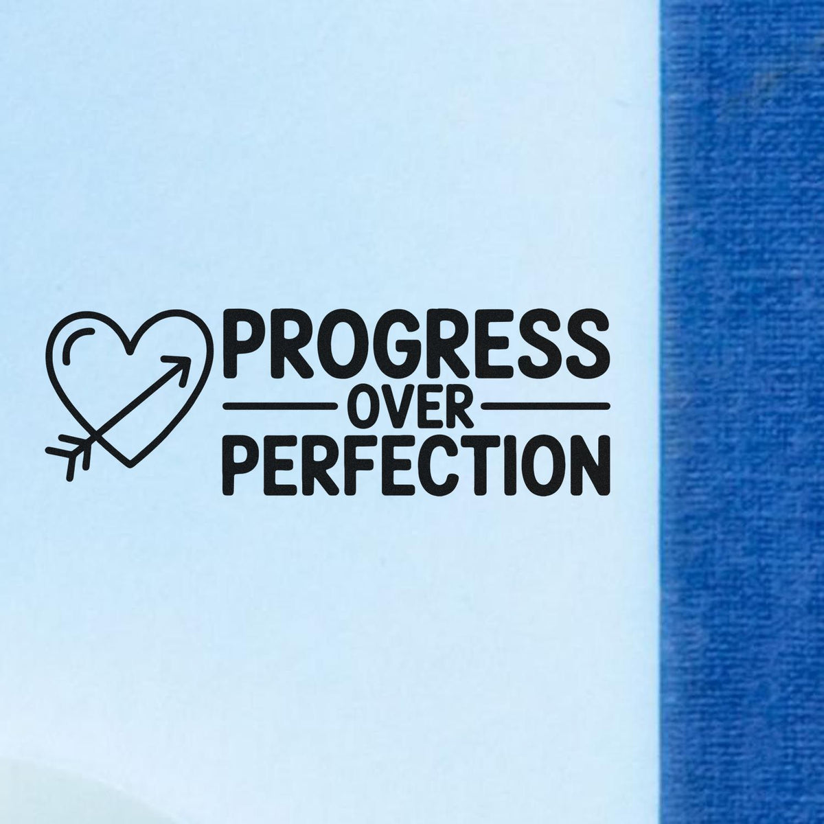 Progress over perfection rubber stamp design with heart and arrow, ideal for motivational branding and journaling.
