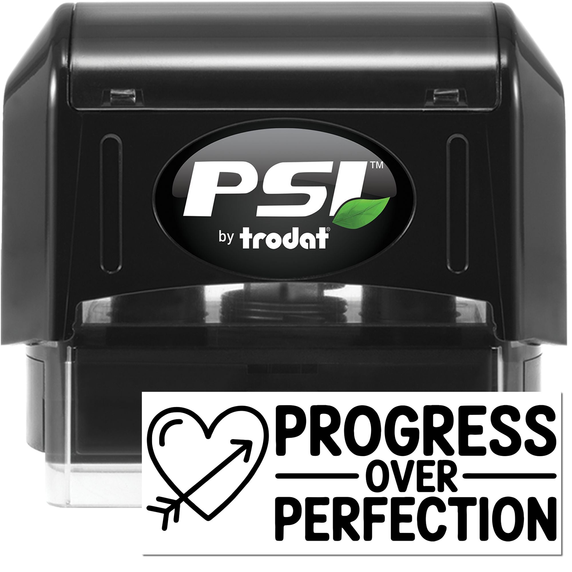 PSI by Trodat self-inking rubber stamp with Progress Over Perfection heart-arrow design for motivational branding.
