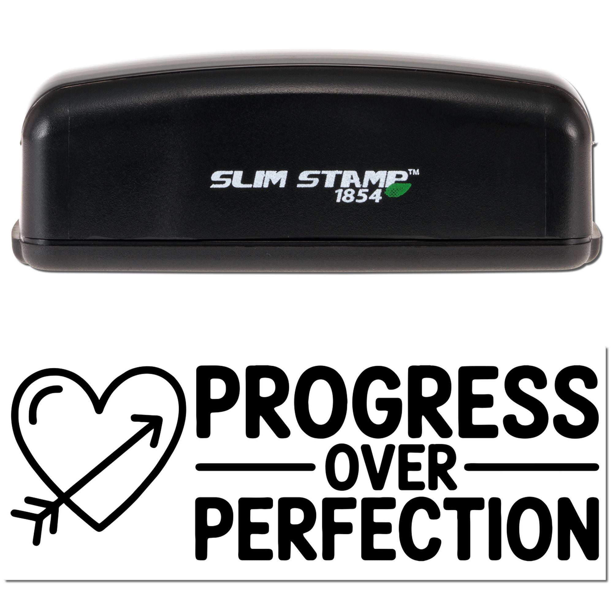 Slim Stamp 1854 rubber stamp with Progress Over Perfection heart-arrow design for motivational branding.
