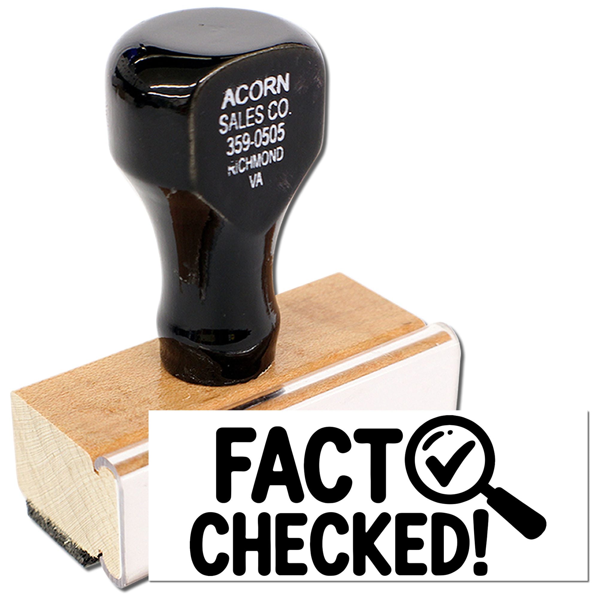 Custom rubber stamp for Acorn Sales Co. with Fact Checked mark for office document approval.
