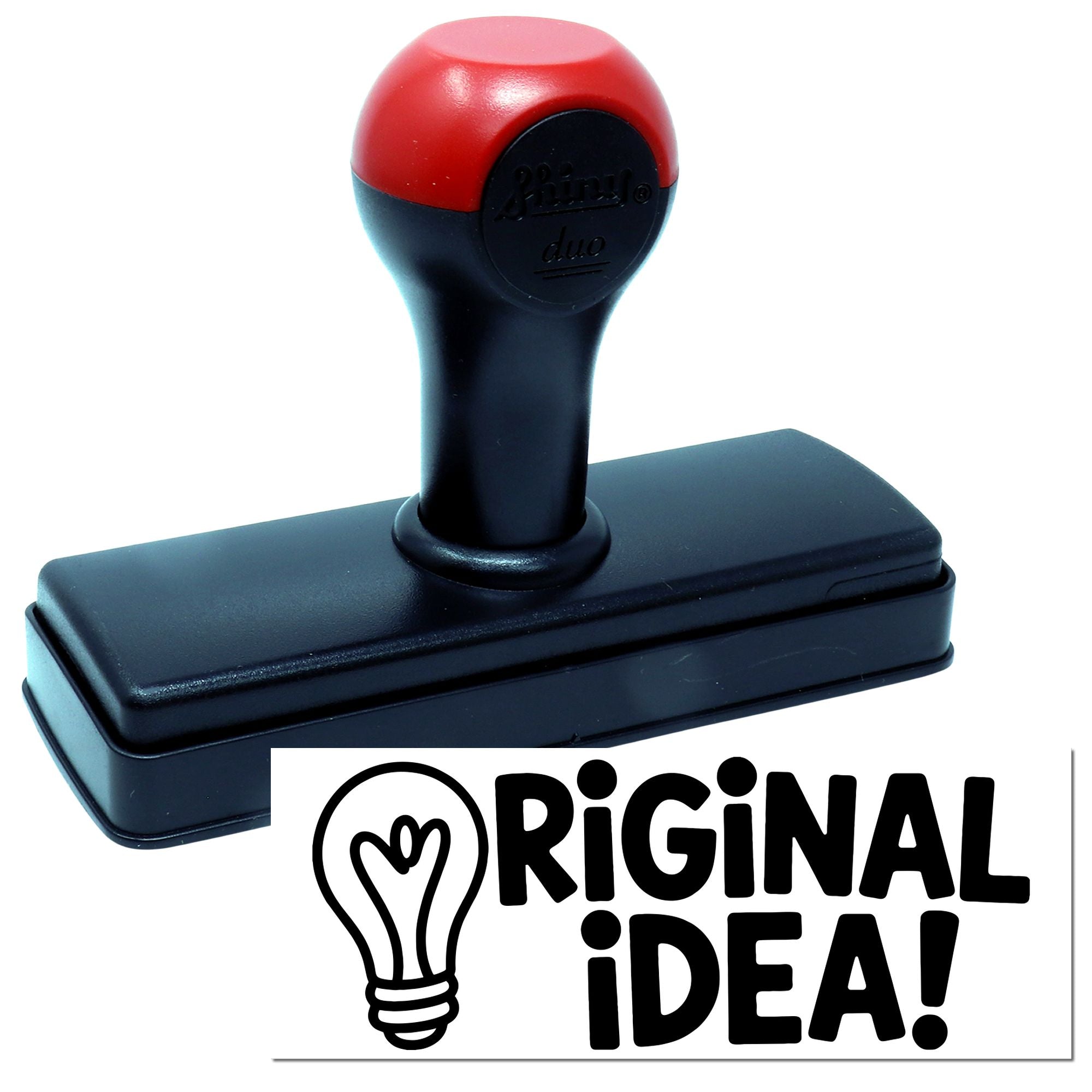 Self-inking rubber stamp for marking an original idea with lightbulb icon on documents and creative projects.