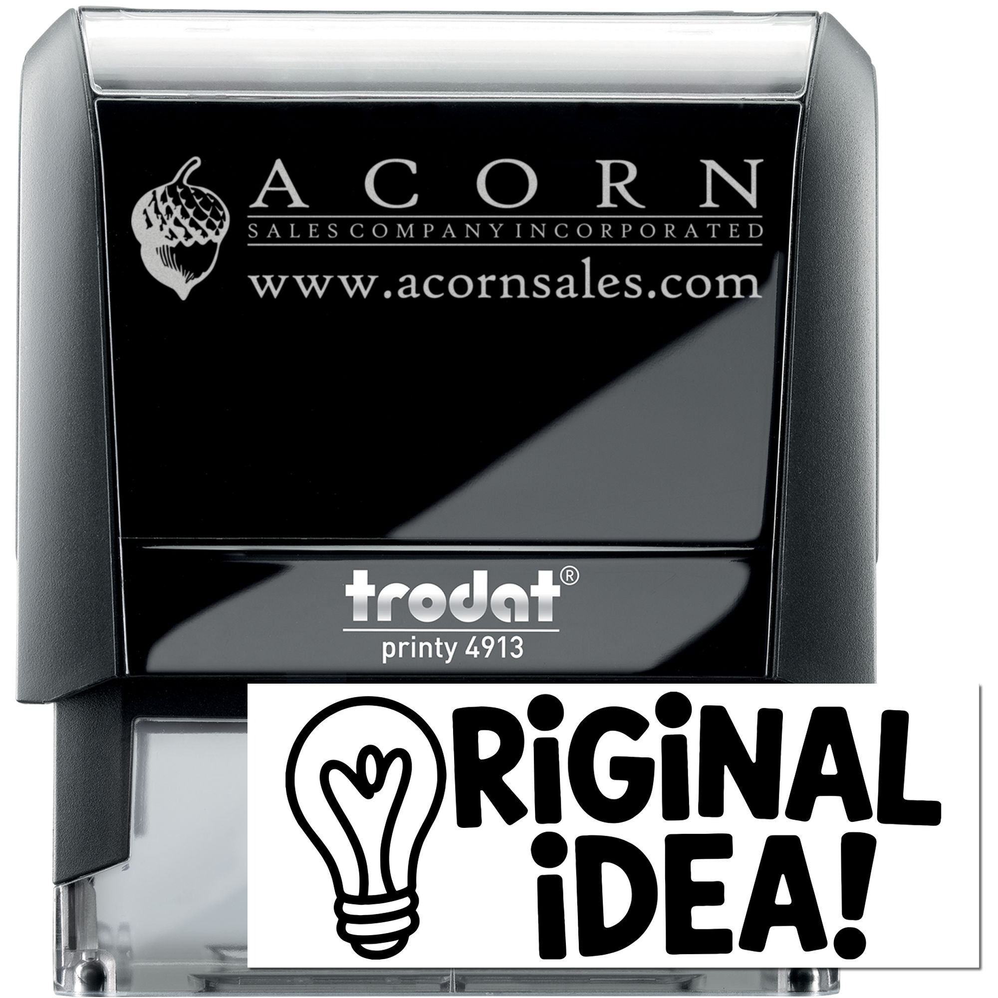 Custom self-inking rubber stamp with Acorn Sales Company logo, website, and Trodat Printy 4913 case for business branding.