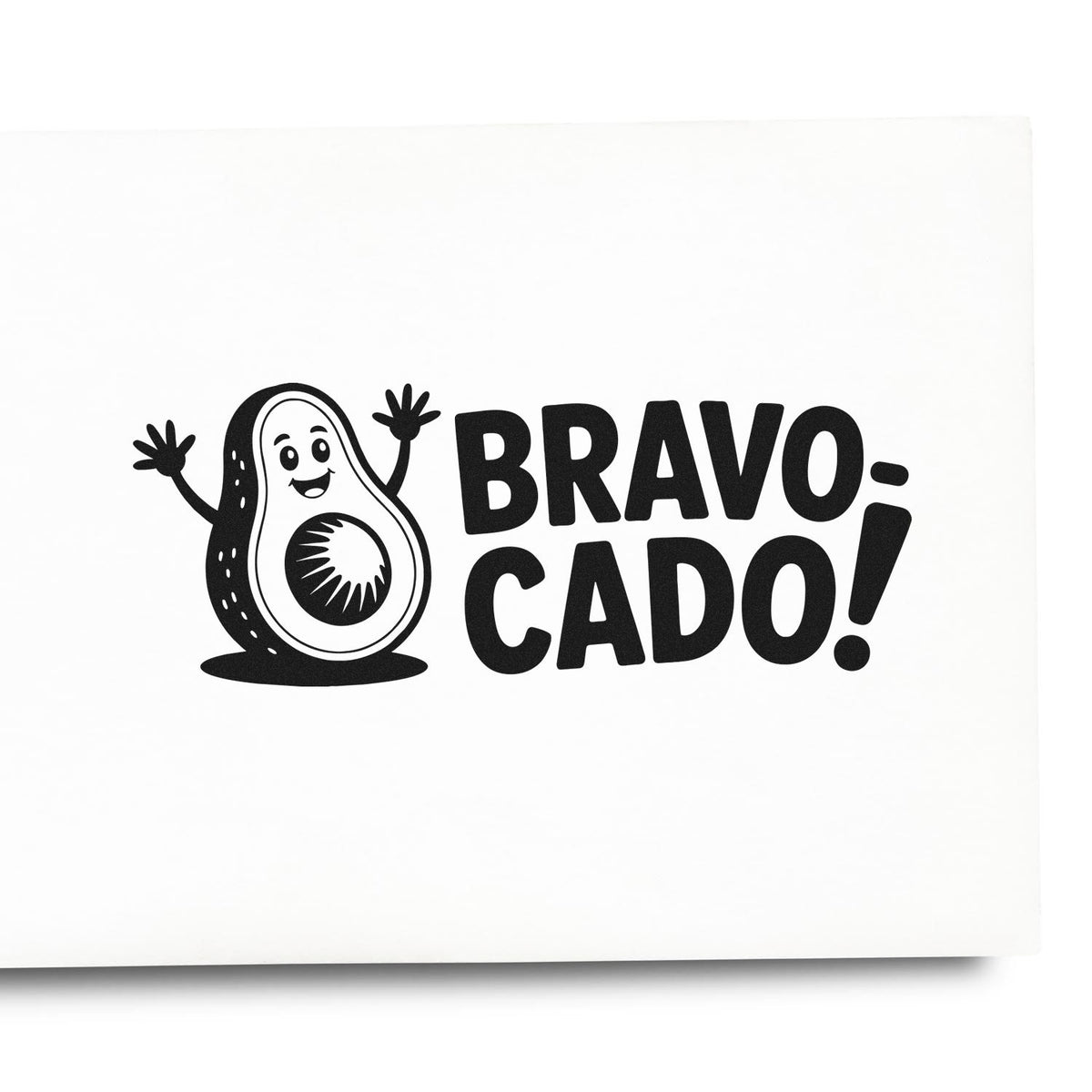 Bravo Cado avocado rubber stamp design with smiling avocado character and bold text for cards, crafts, and packaging.