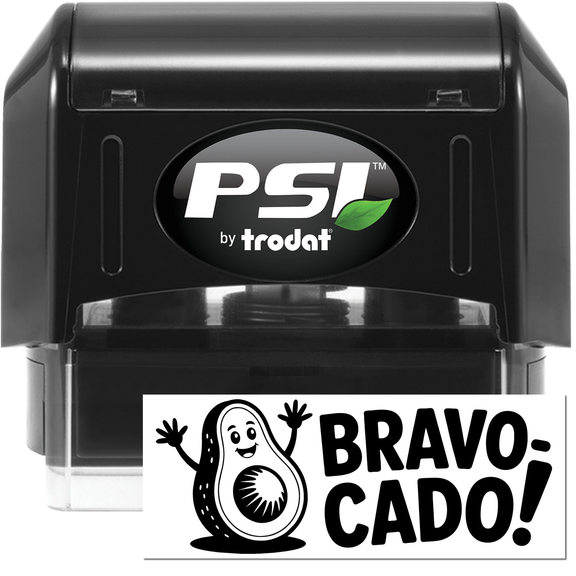 PSI by Trodat self-inking rubber stamp with custom Bravo Cado avocado design for fun personalized branding