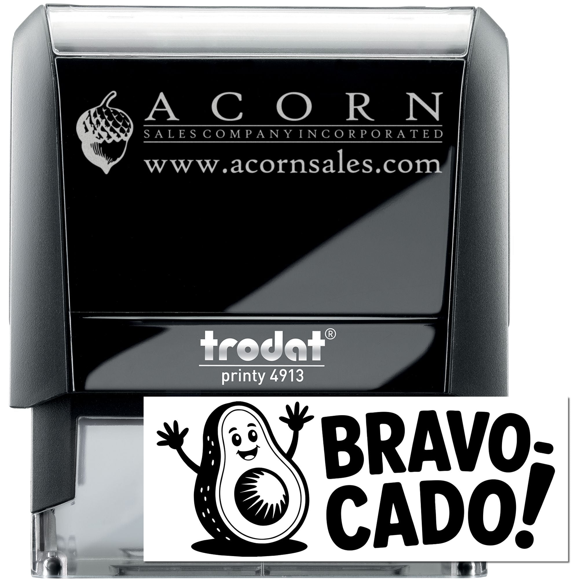 Custom self-inking rubber stamps featuring Acorn Sales Company logo and Bravo Cado avocado design.