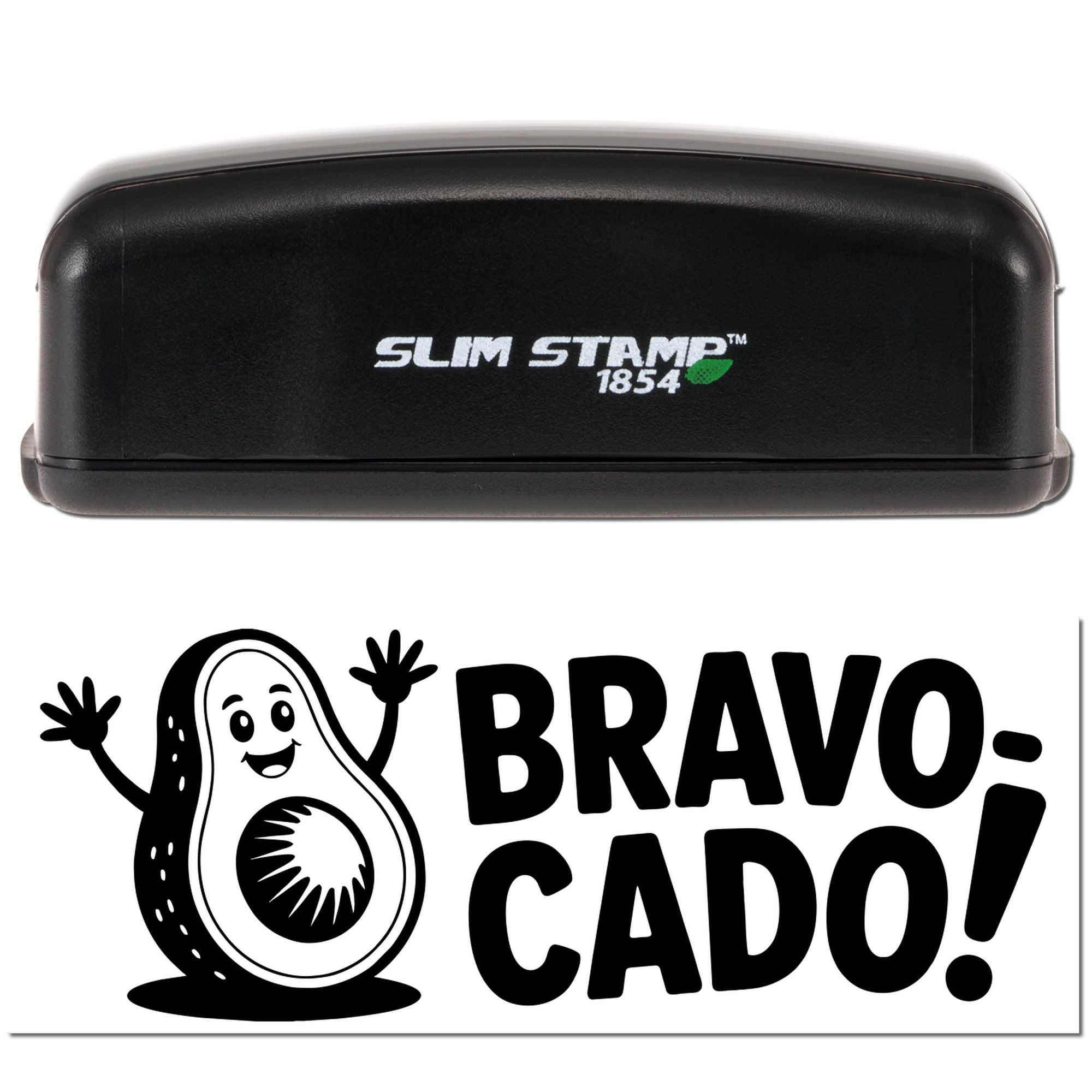 Custom rubber stamp design with avocado character and Bravo Cado! text, shown on Slim Stamp 1854 self-inking stamp case.