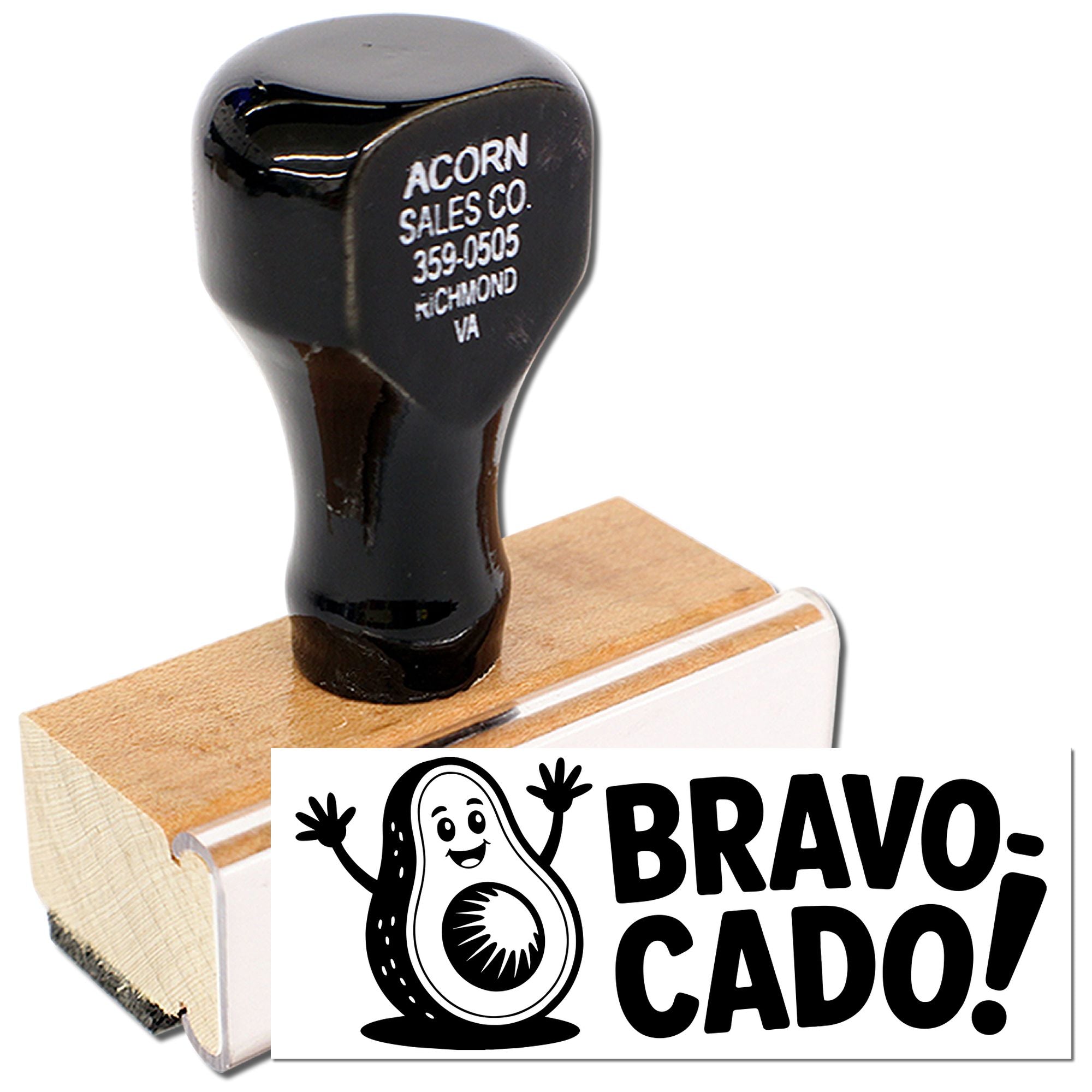 Custom rubber stamp with Bravo Cado! avocado design for fun congratulations cards, packaging, and crafting.