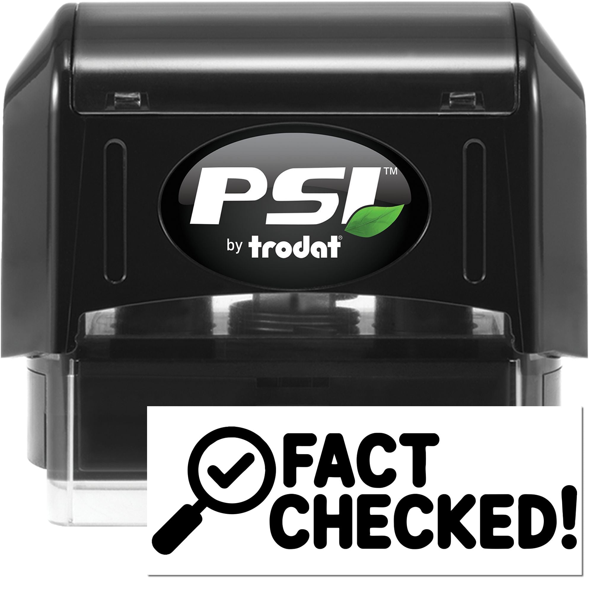 PSI by Trodat self-inking rubber stamp with FACT CHECKED! imprint for verifying documents and content.