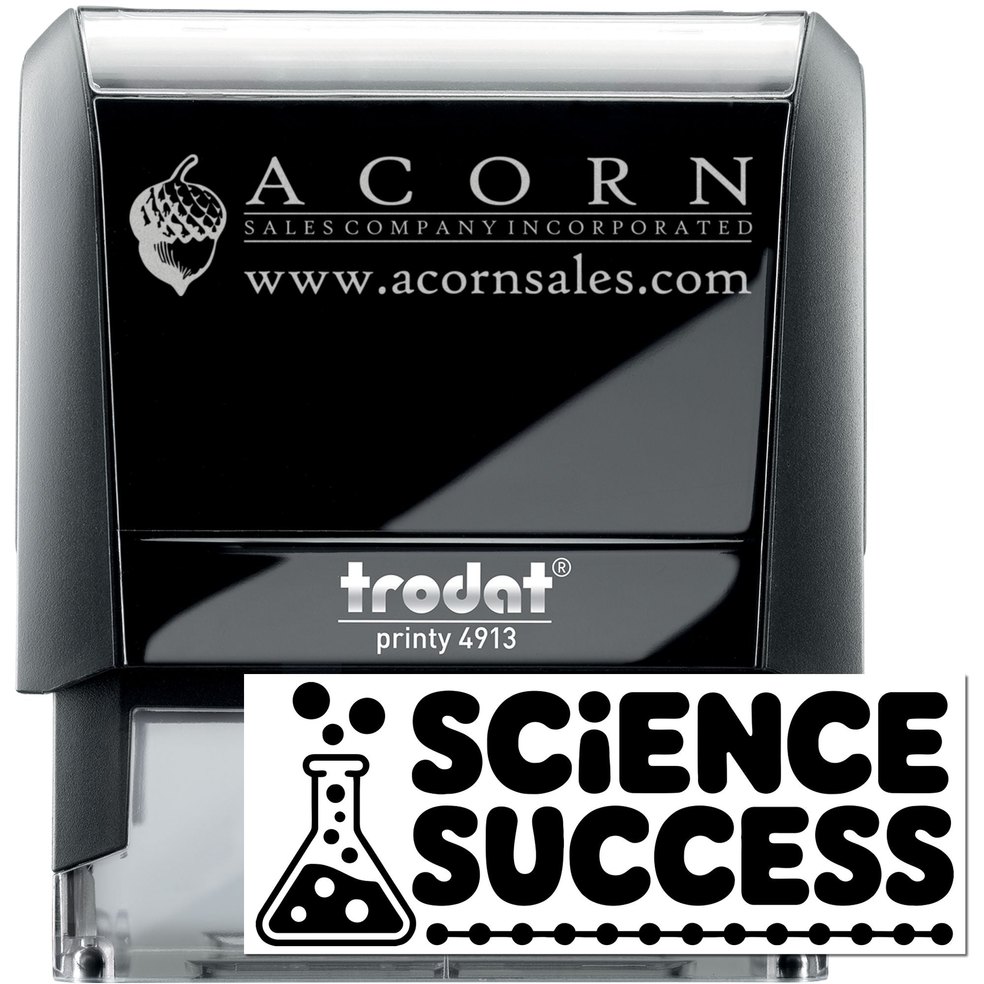 Custom self-inking rubber stamp with Acorn Sales logo and website, Trodat Printy 4913 for business branding.