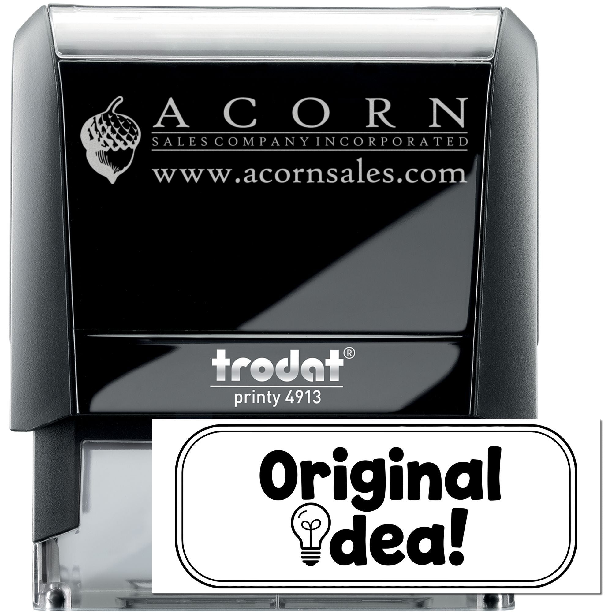 Custom self-inking rubber stamp for Acorn Sales Company Inc. with logo and website, Trodat Printy 4913 business stamp.