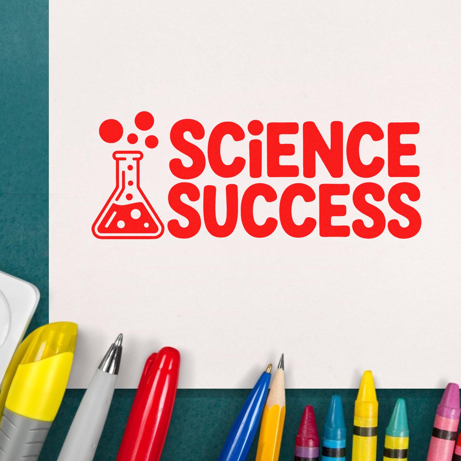 Custom Science Success rubber stamp design with beaker icon for classroom rewards and teacher grading.