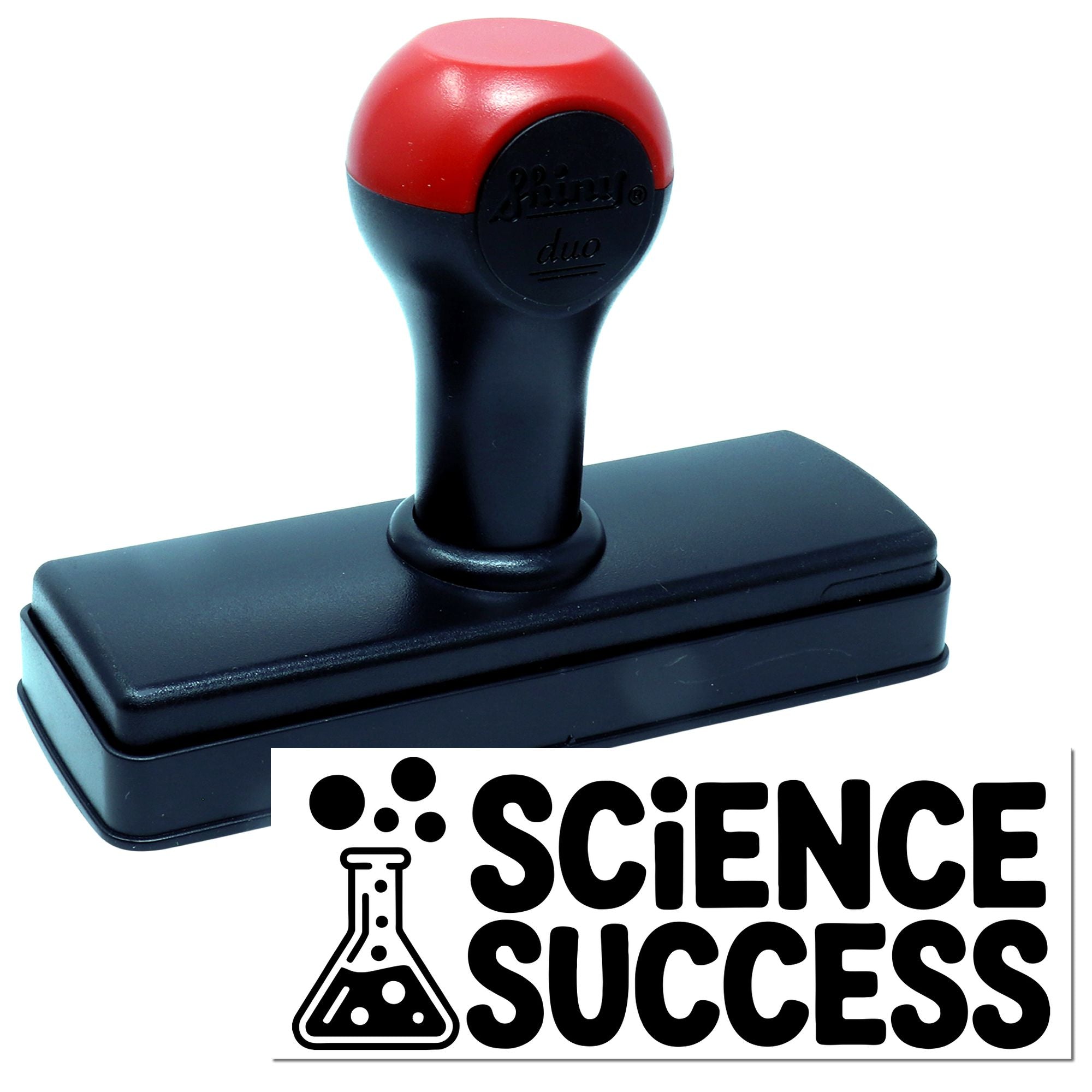 Self-inking science success rubber stamp with beaker icon for classroom grading, teacher rewards, and STEM work.