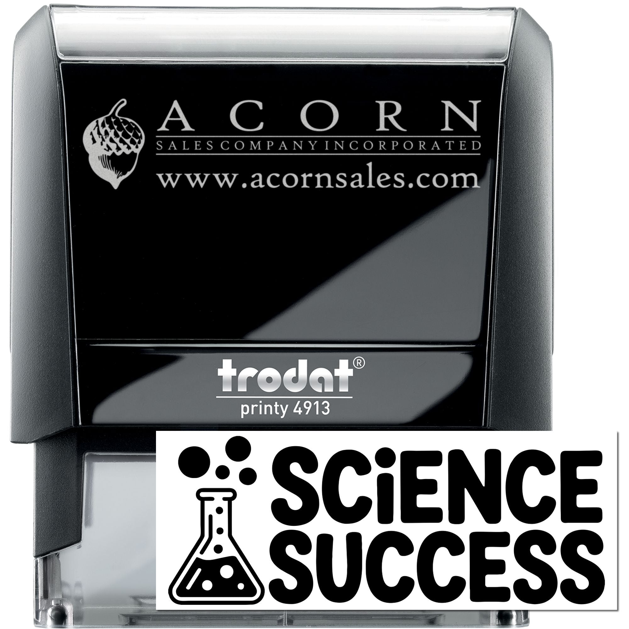 Custom self-inking rubber stamp, Trodat Printy 4913, with Acorn Sales logo and Science Success design for branding.