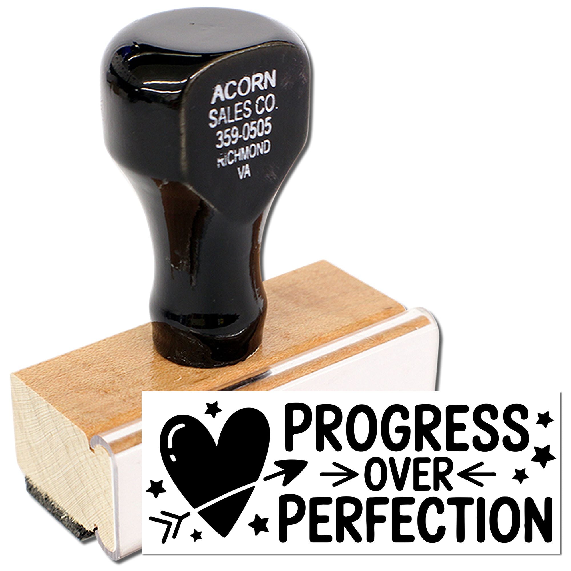 Custom rubber stamp with Progress Over Perfection design for motivational branding, crafting, and stationery projects.