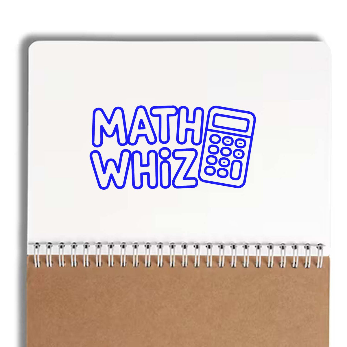Math Whiz rubber stamp design with calculator icon, perfect for teacher rewards, student incentives, and math classroom use.