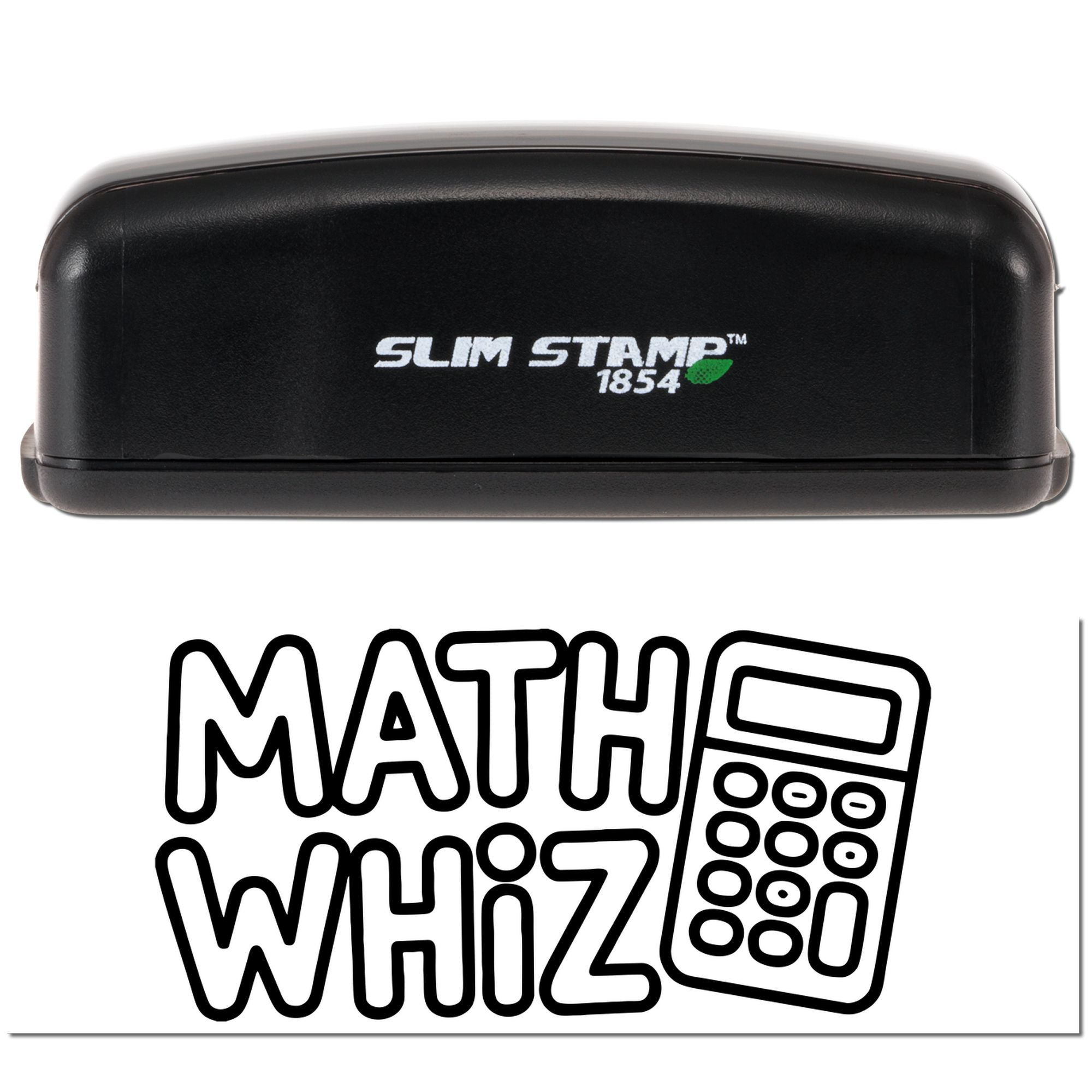 Slim Stamp 1854 self-inking rubber stamp with Math Whiz calculator imprint for school or office use