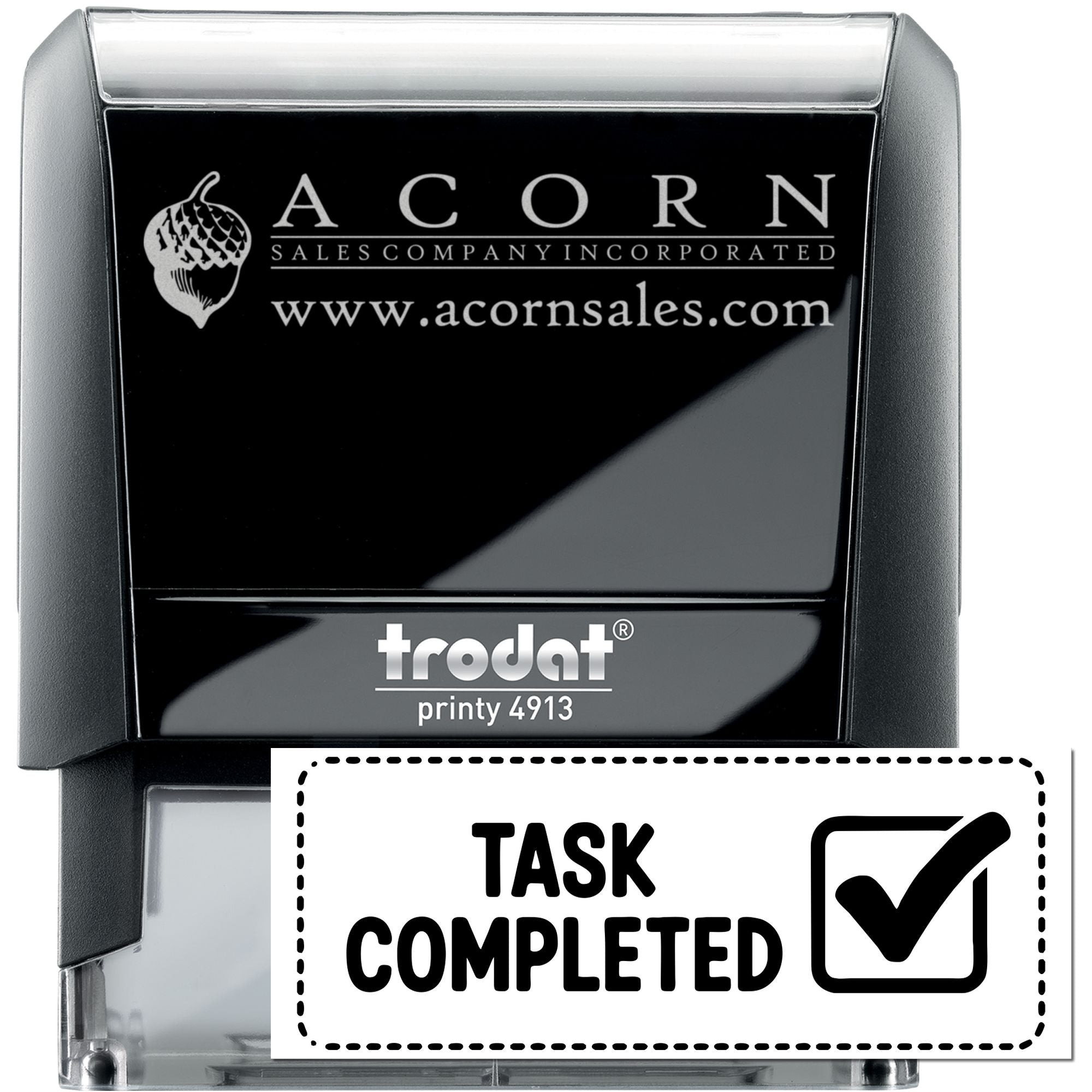 Custom self-inking rubber stamp, Trodat Printy 4913, with Acorn Sales logo, website and Task Completed imprint.