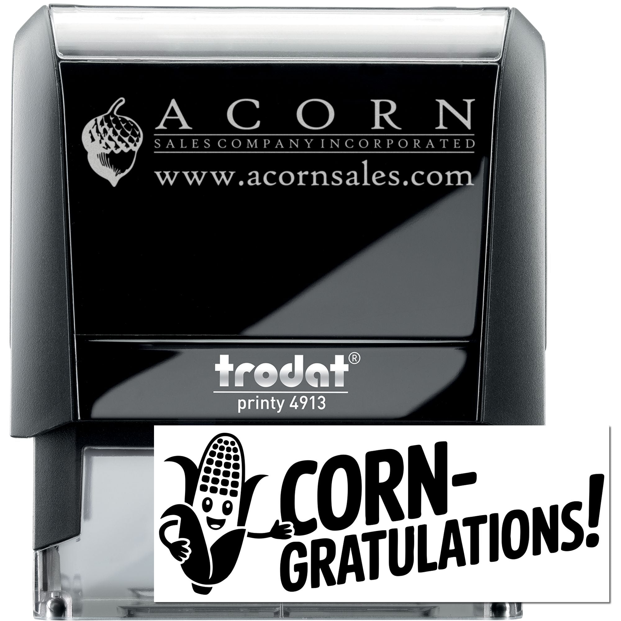 Trodat Printy 4913 self-inking rubber stamp for custom business logos and corn-themed Corn-gratulations imprint
