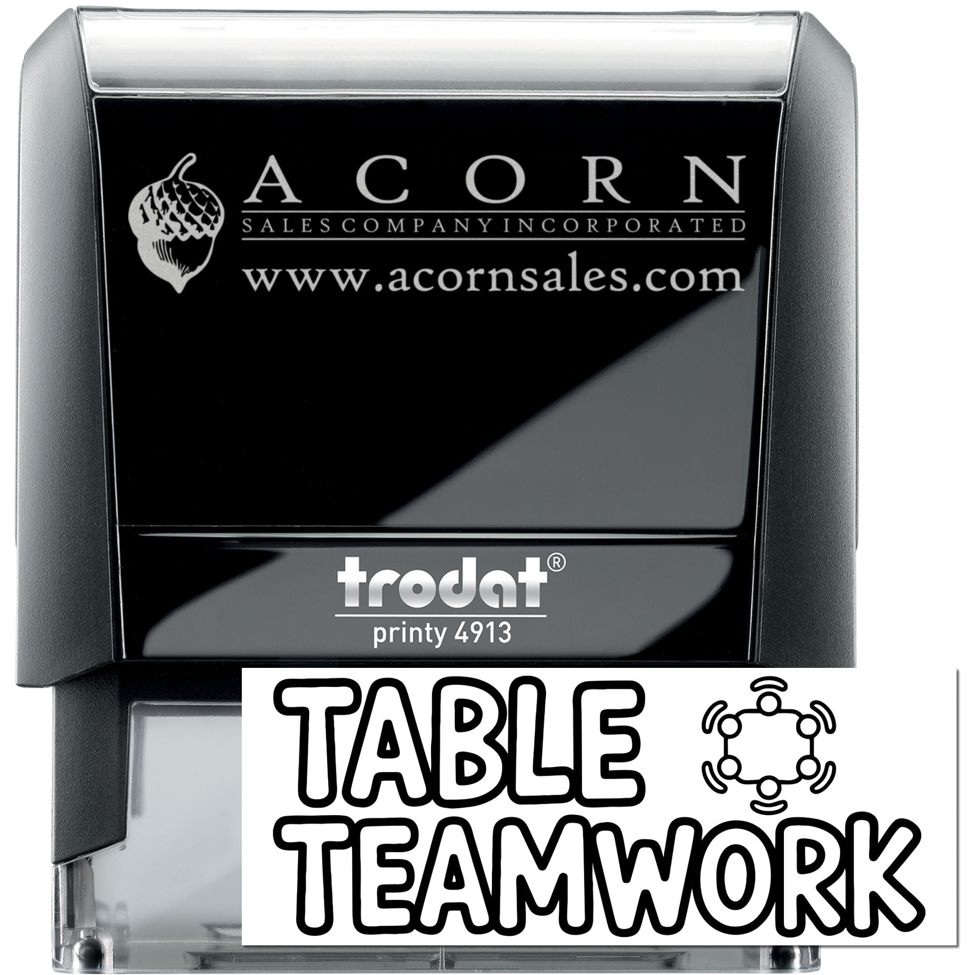 Custom self-inking rubber stamp, Trodat Printy 4913, for Acorn Sales Company with logo, website and Table Teamwork design.