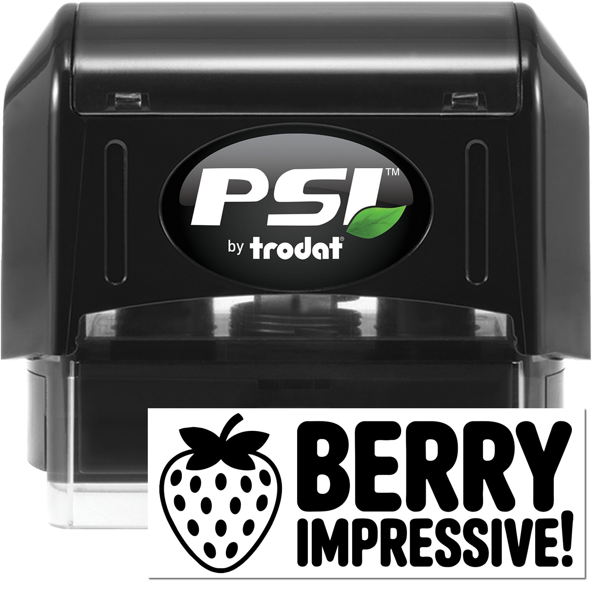 Self-inking PSI by Trodat rubber stamp with strawberry logo and Berry impressive! impression for custom branding.