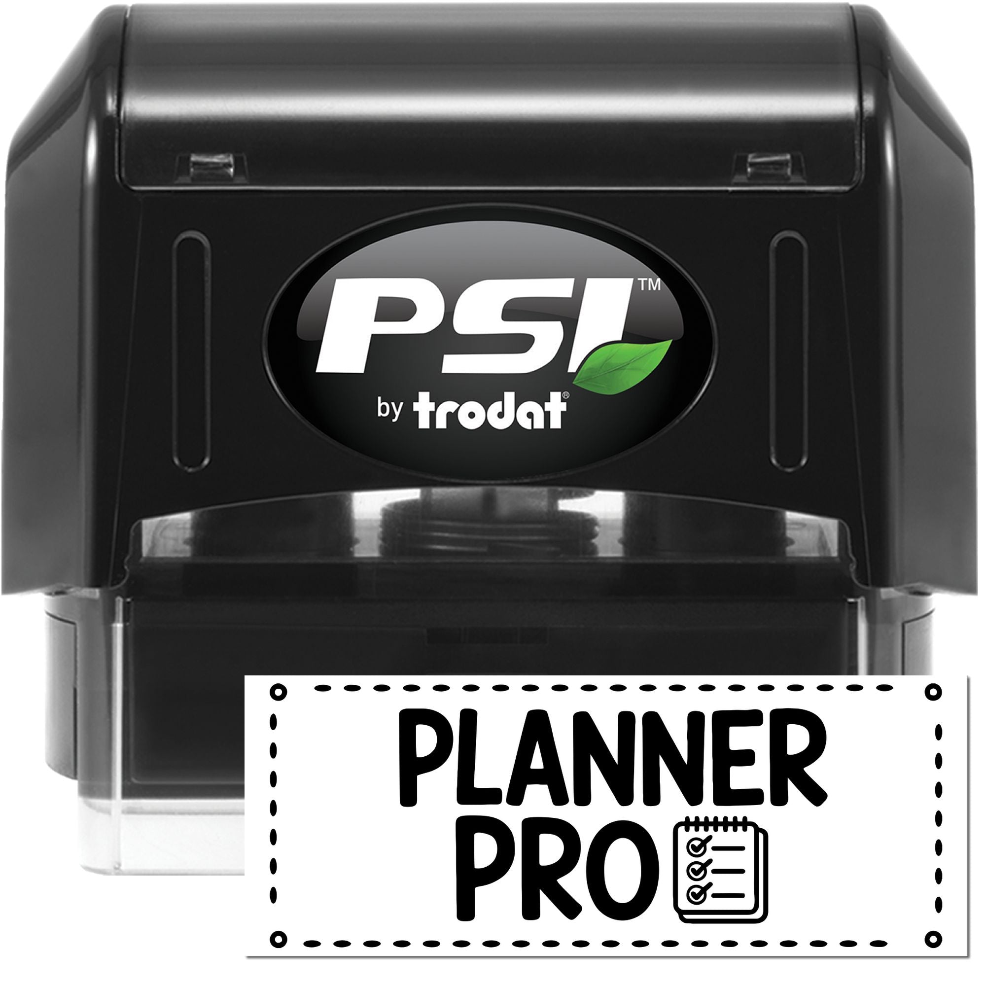 PSI by Trodat self-inking rubber stamp for planner organization, with Planner Pro checklist impression.