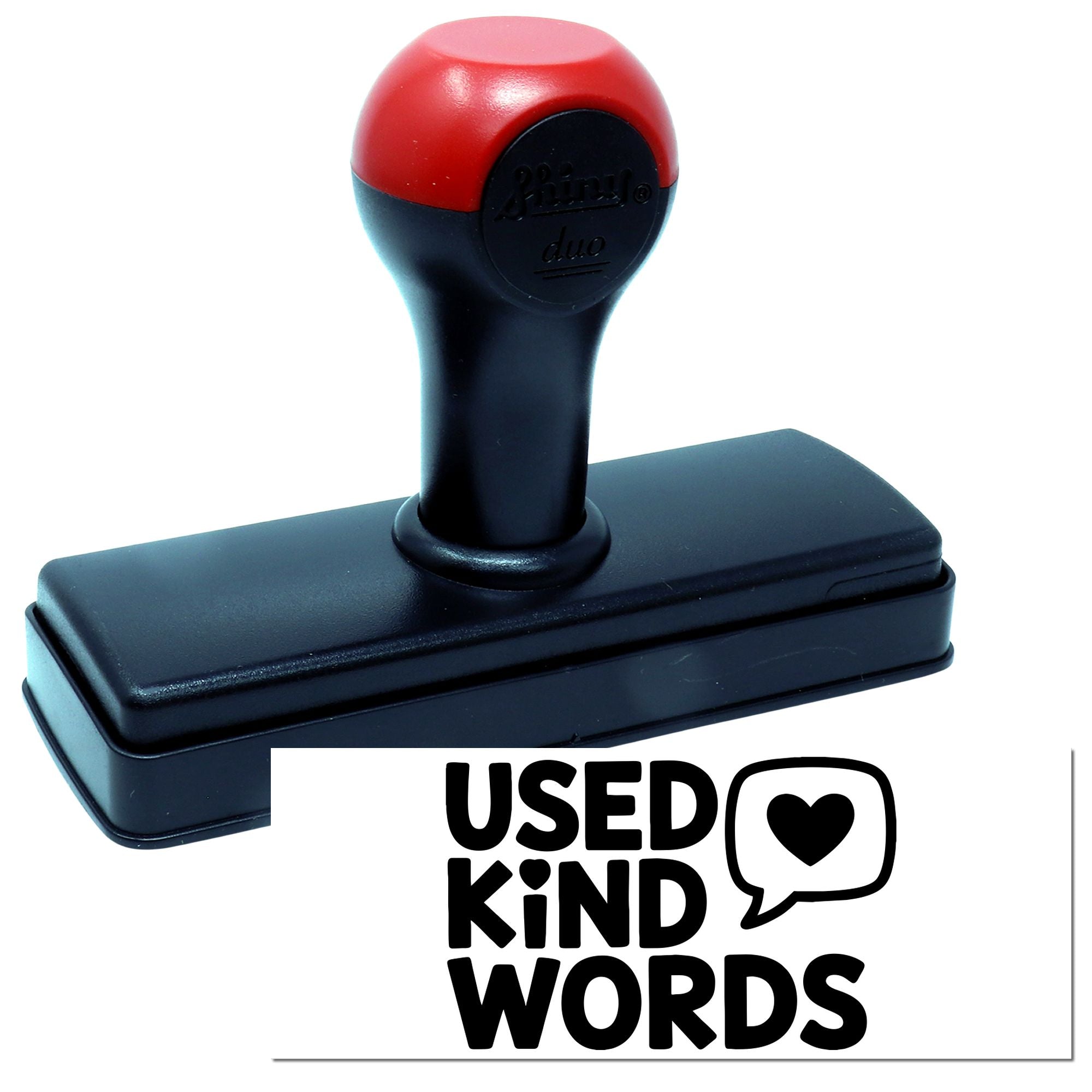 Self-inking rubber stamp with Used Kind Words message for classroom feedback, office rewards, and positive notes.