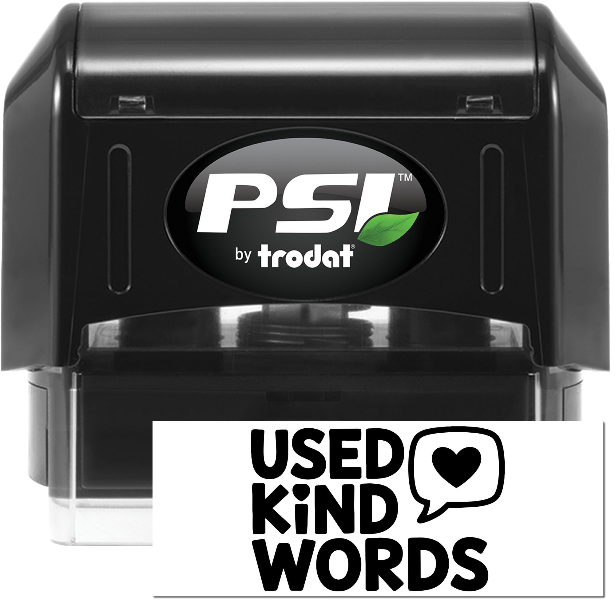PSI by Trodat self-inking rubber stamp with Used Kind Words design for crafts, packaging, and office use.