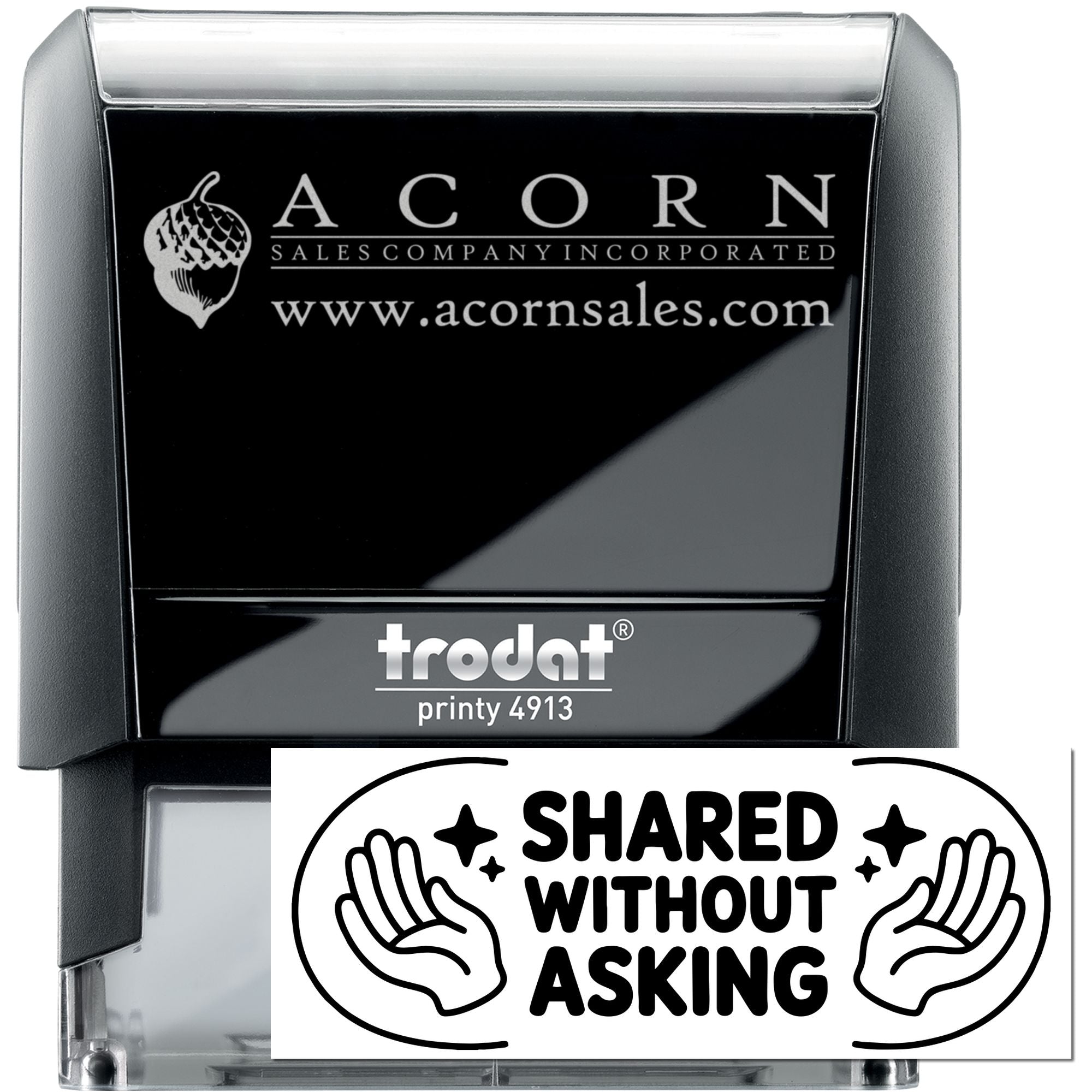 Custom self-inking rubber stamp, Trodat Printy 4913, with business logo and website for branded stamping.
