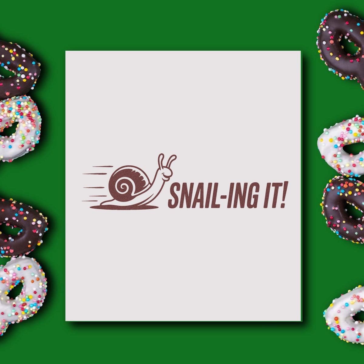 Funny snail rubber stamp design with Snail-ing It! slogan for cards, crafts, and stationery.