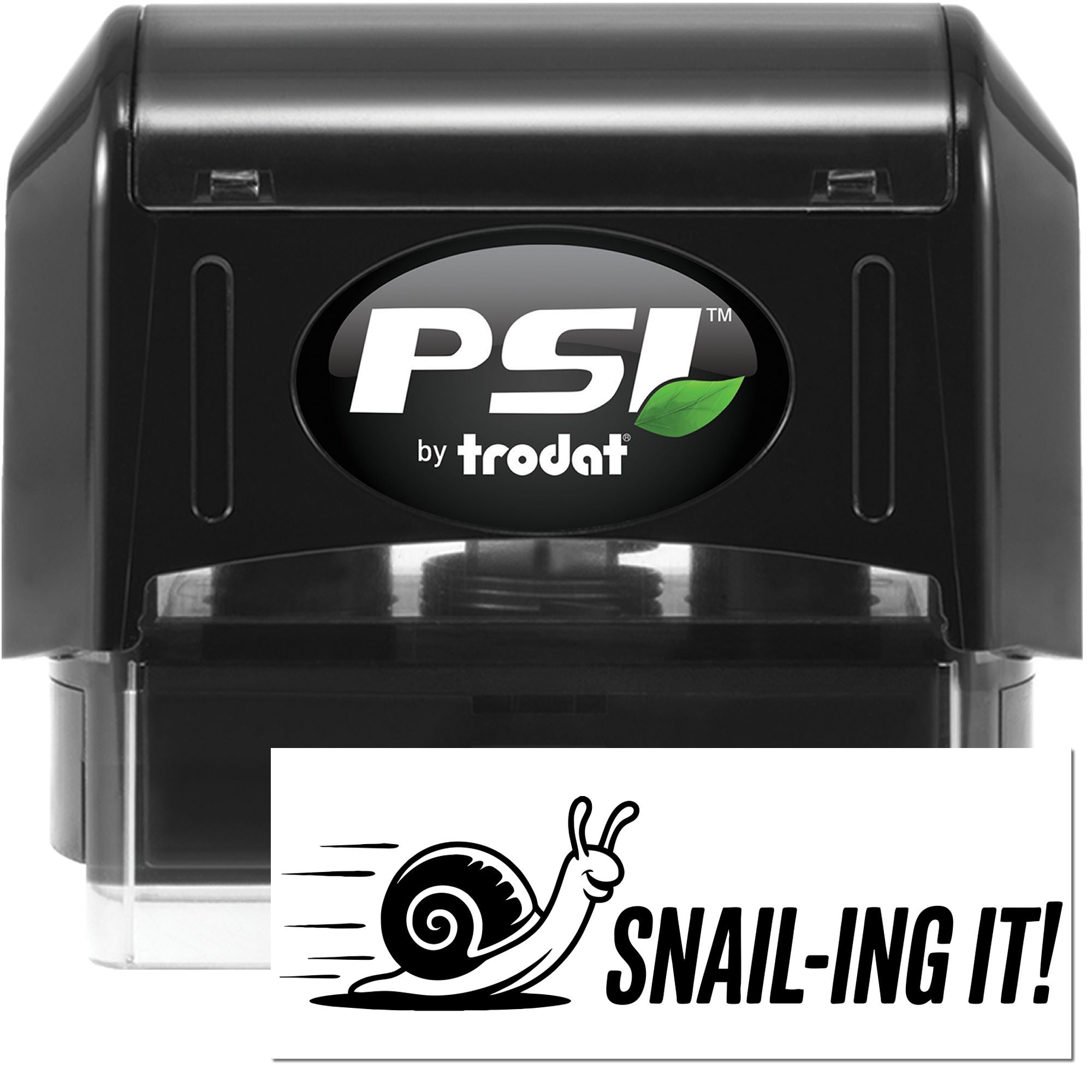 PSI by Trodat self-inking rubber stamp with snail Snail-Ing It! design for custom office branding and humor.