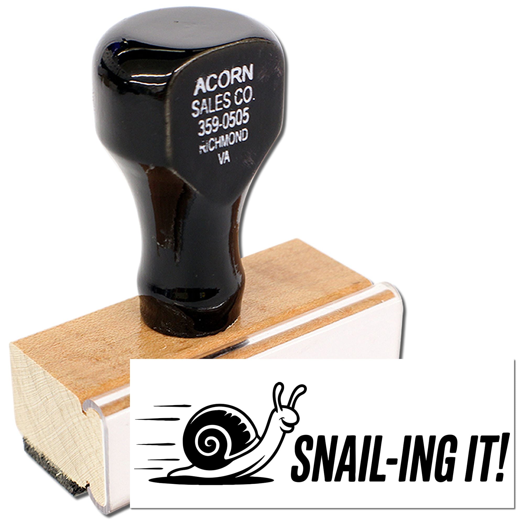 Custom rubber stamp with snail SNAIL-ING IT! design and address stamp for craft projects, packaging, and business branding.