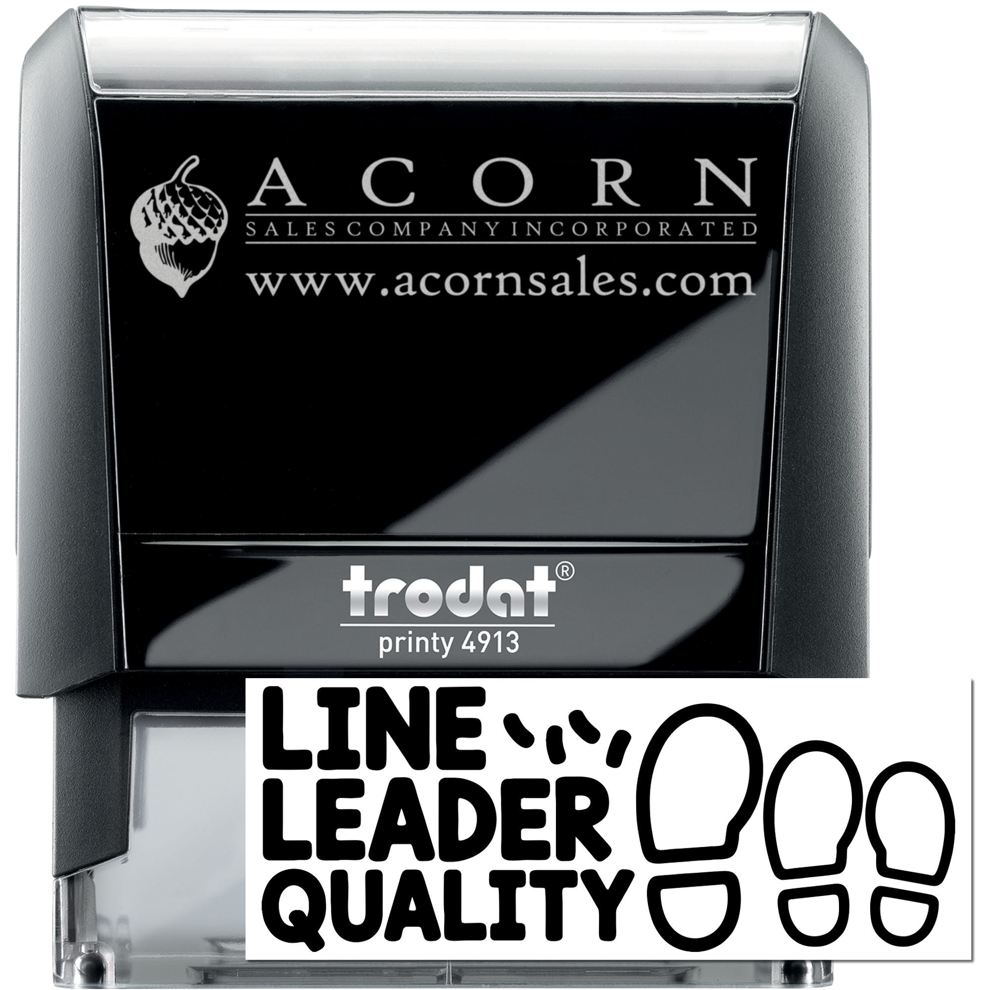 Custom self-inking rubber stamp with Acorn Sales Company logo and Line Leader Quality design, Trodat Printy 4913.