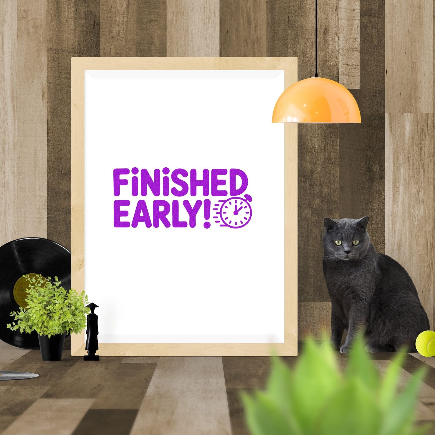 Finished Early rubber stamp design with clock icon and bold purple text for teacher rewards, office use, and custom stamping.