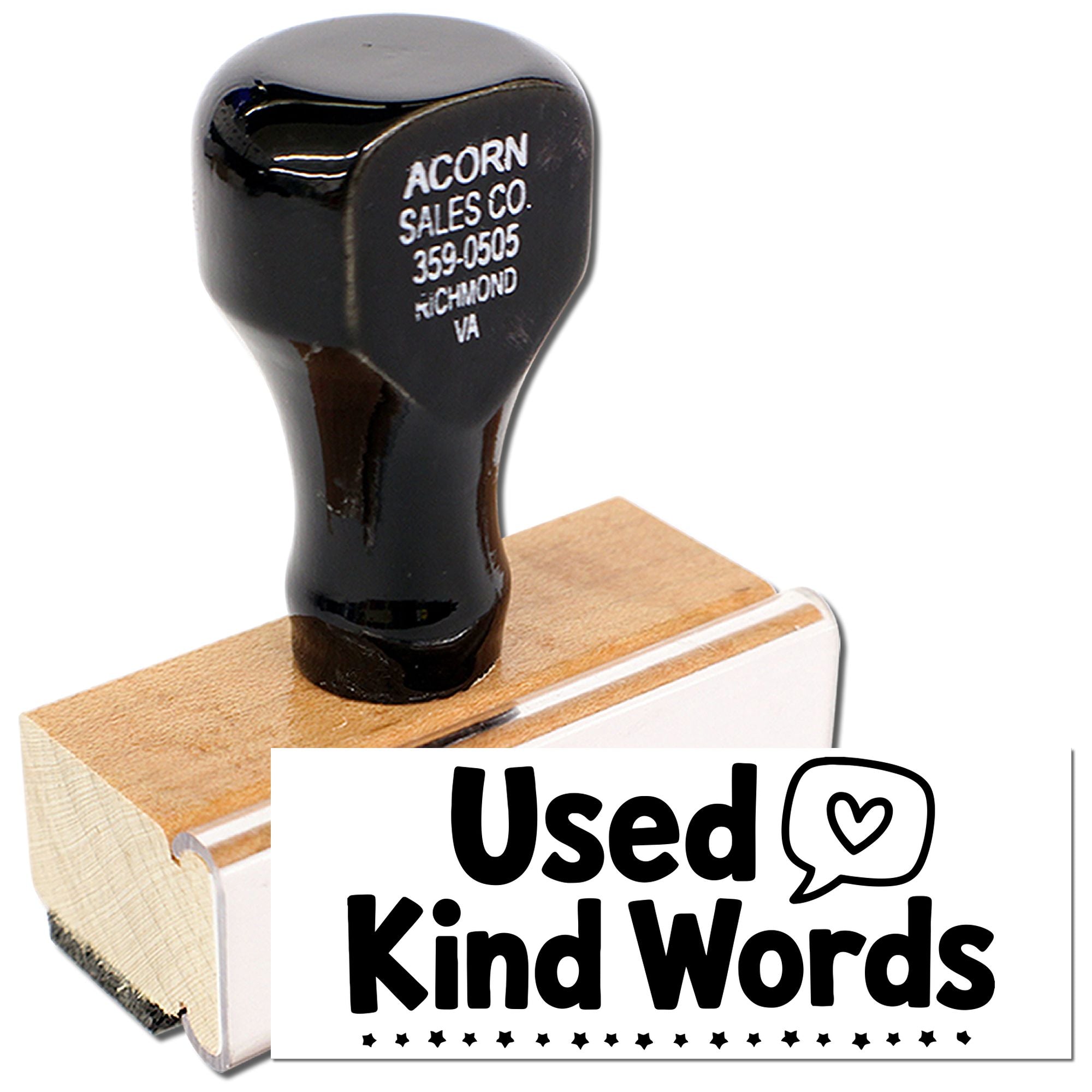 Custom rubber stamp with Used Kind Words design and heart speech bubble for crafts, packaging, and stationery branding