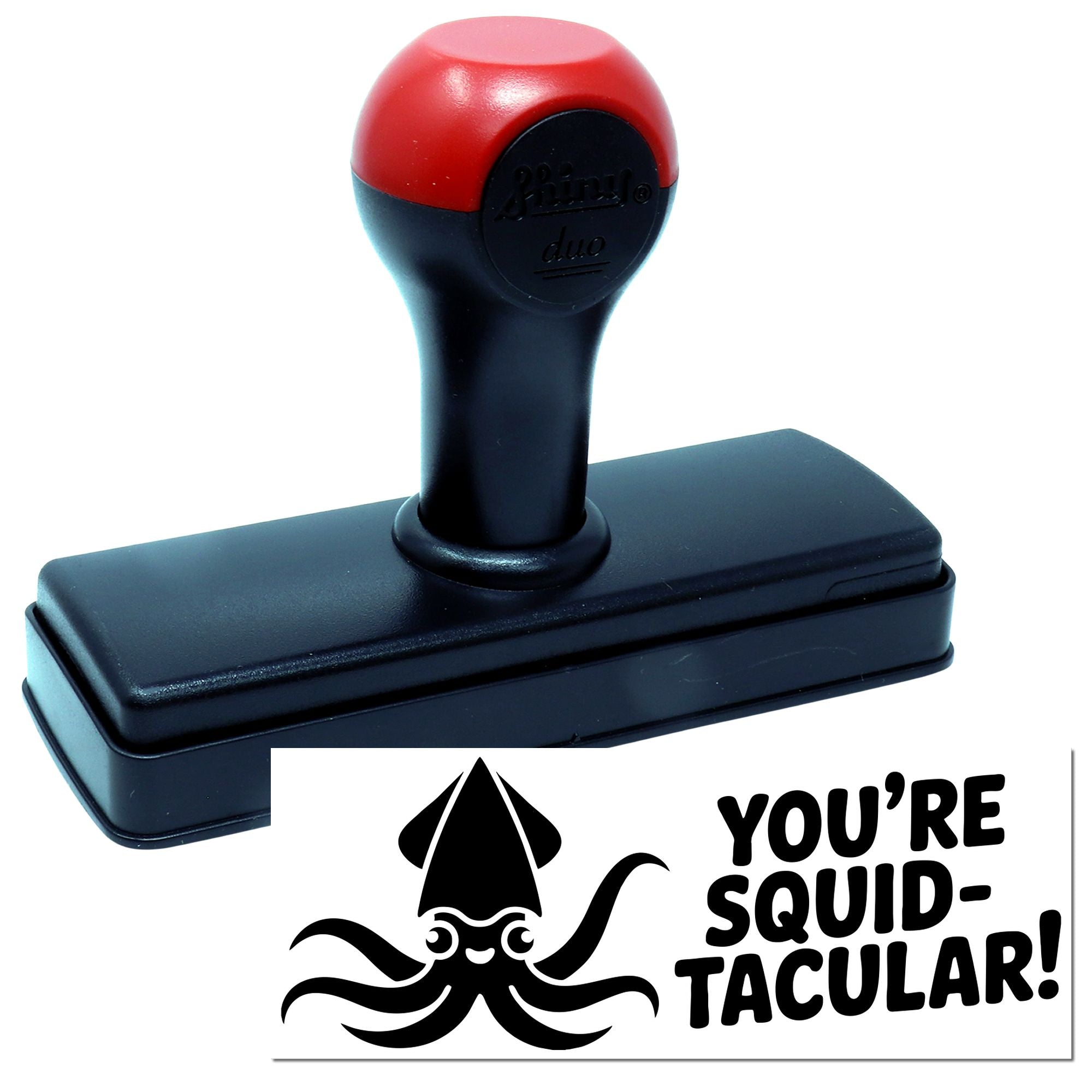 Self-inking rubber stamp with squid design and Youre Squid-tacular! message for custom fun stationery or business use