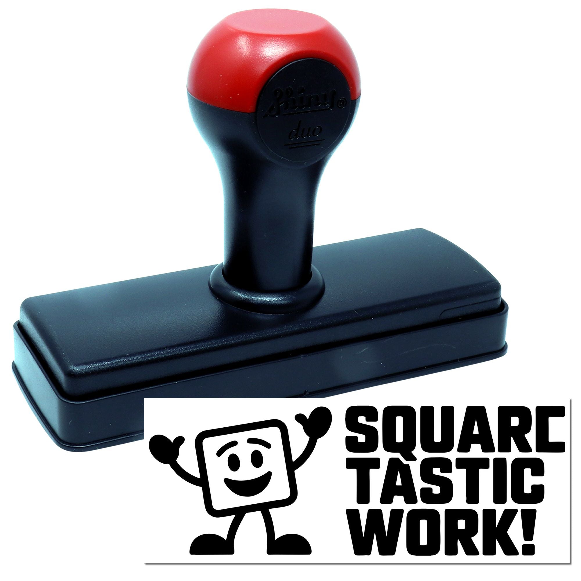 Custom square rubber stamp with self-inking handle, ideal for office branding, crafts, and personalized logo impressions.