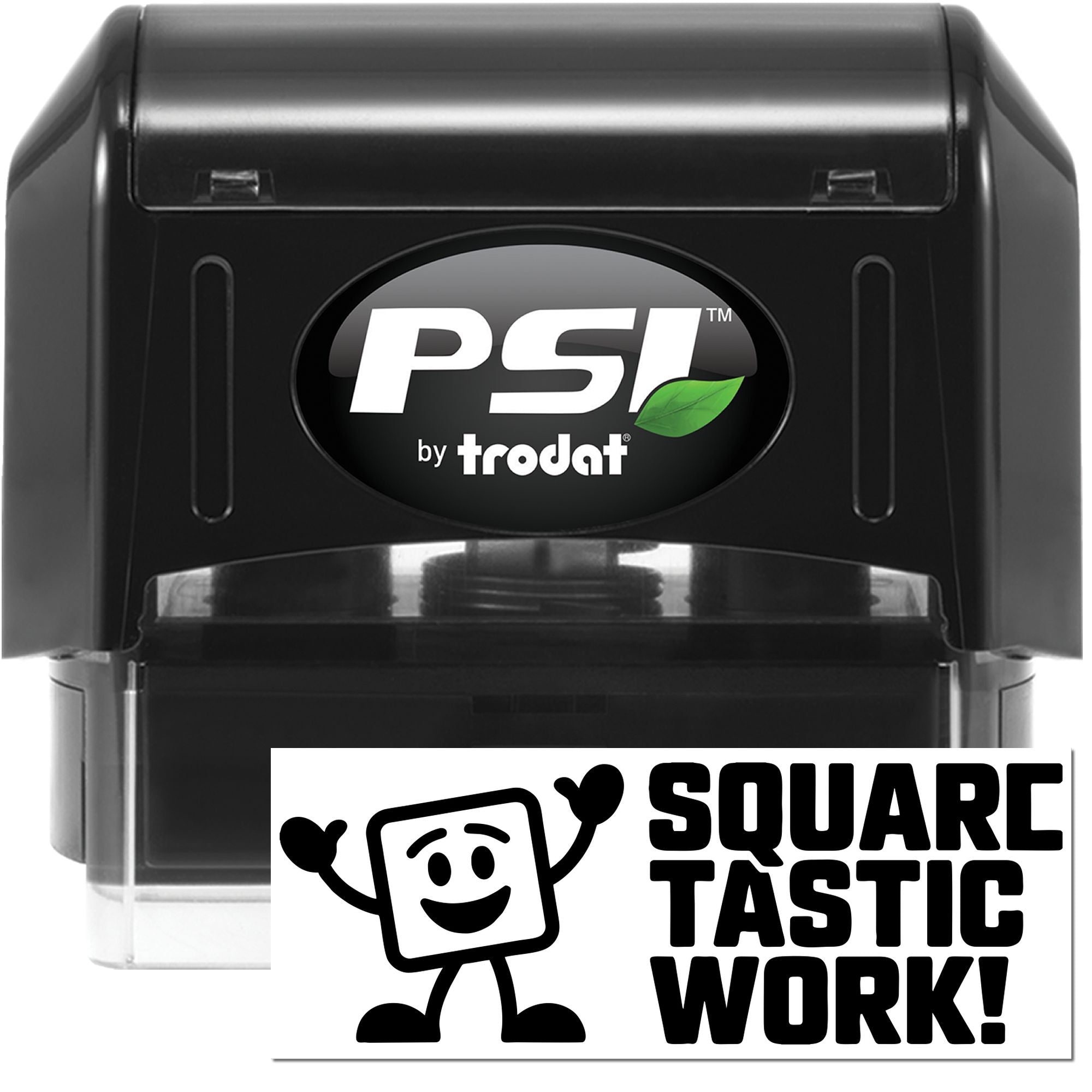 PSI by Trodat rubber stamp with Squaretastic Work impression for custom business branding.