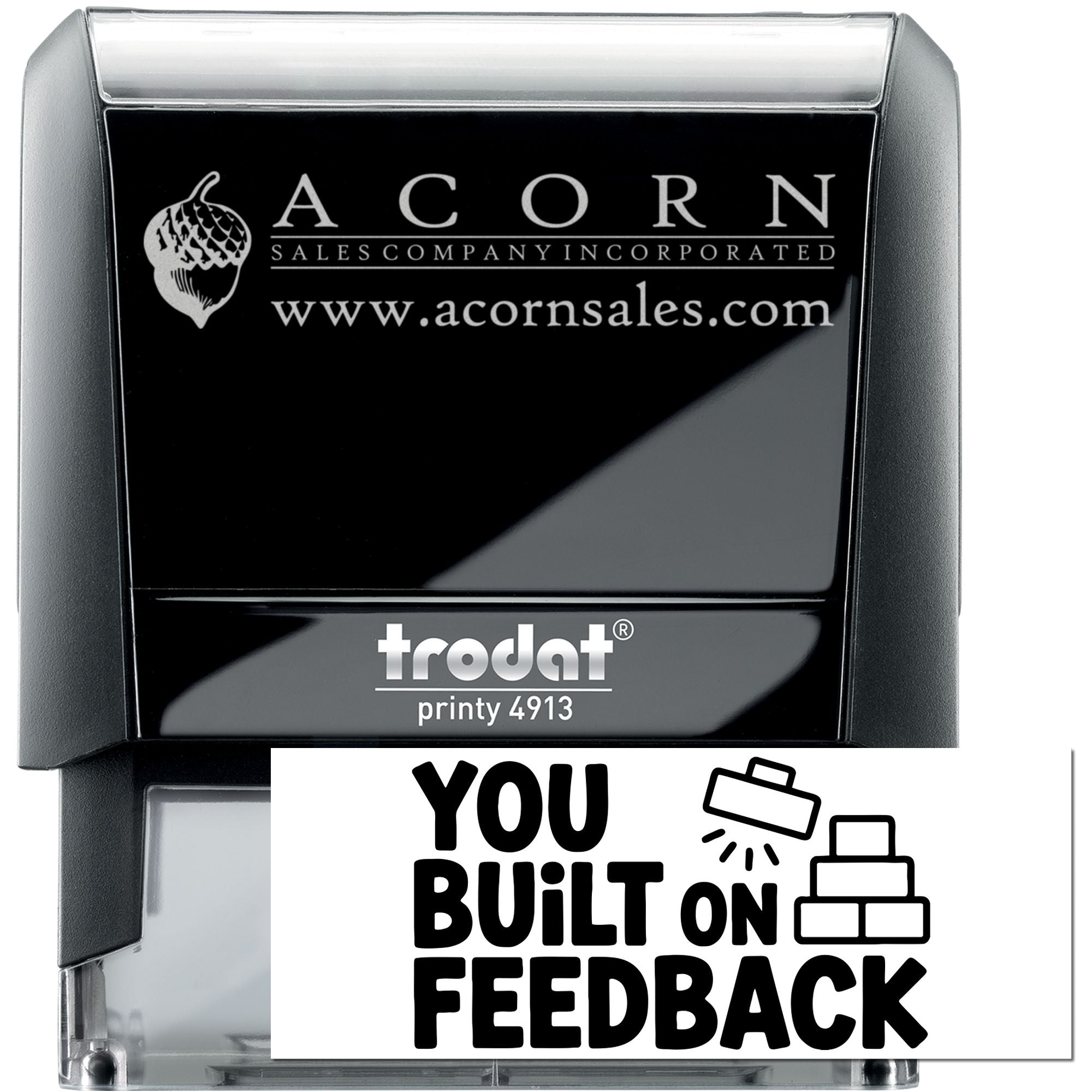 Custom self-inking rubber stamp, Trodat Printy 4913, with Acorn Sales Company logo and website branding.