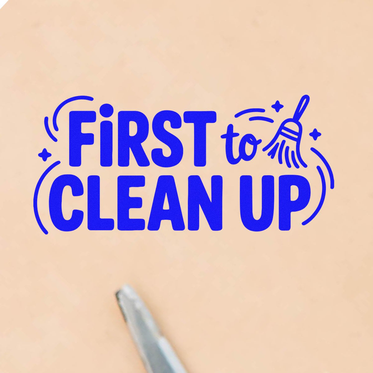 First to Clean Up rubber stamp design with broom icon for classroom rewards, school behavior, and teacher stamps.