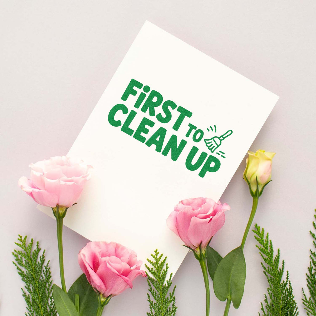 Custom rubber stamp reading First to Clean Up with broom icon, ideal for classroom rewards, chores, and organizer stamps.