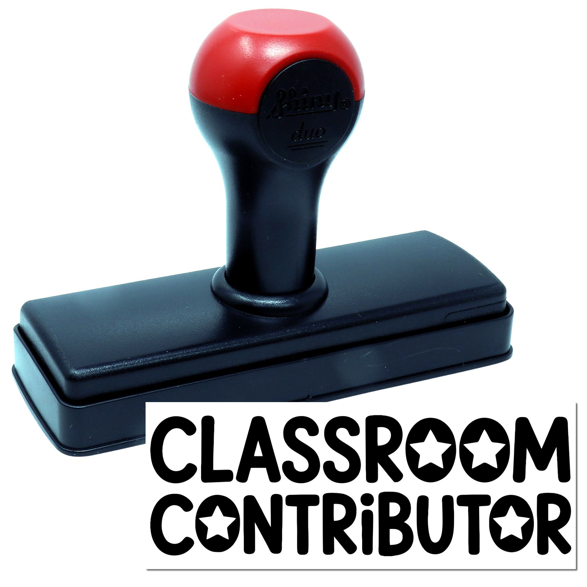 Self-inking classroom contributor rubber stamp for teacher recognition, student rewards, and classroom use.